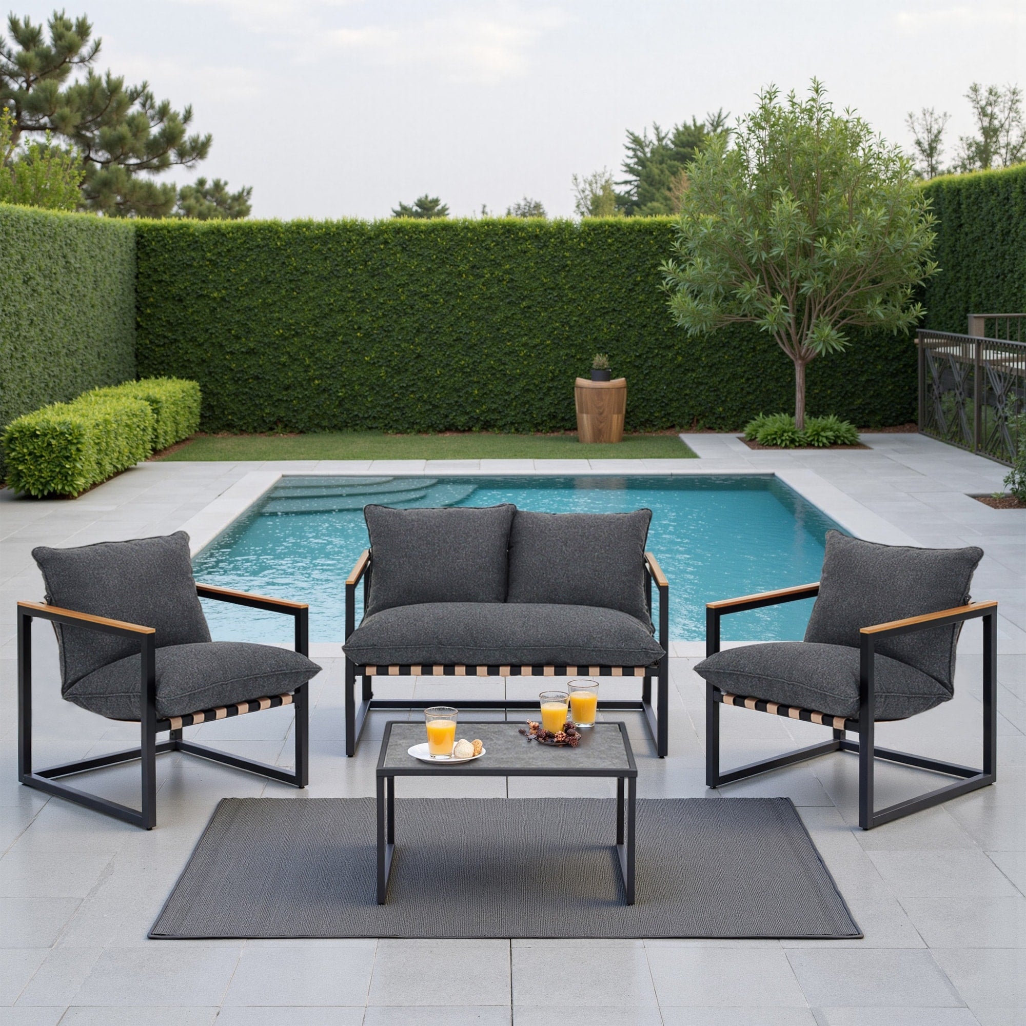 Ensemble de salon de jardin 4 pièces en toile résistante aux intempéries avec coussins et chaises lavables