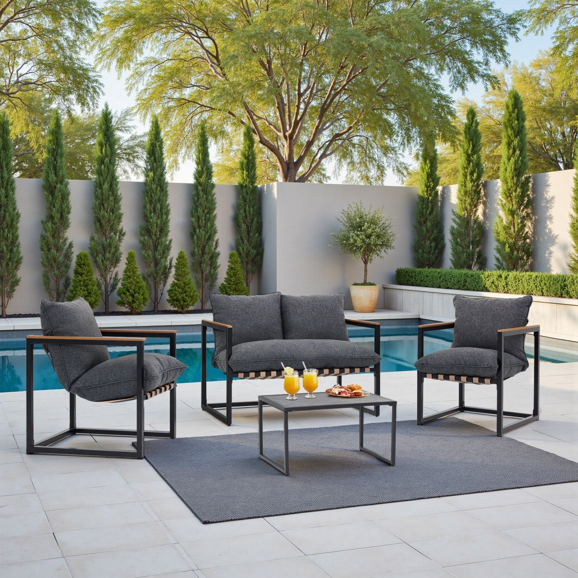 Ensemble de salon de jardin 4 pièces en toile résistante aux intempéries avec coussins et chaises lavables