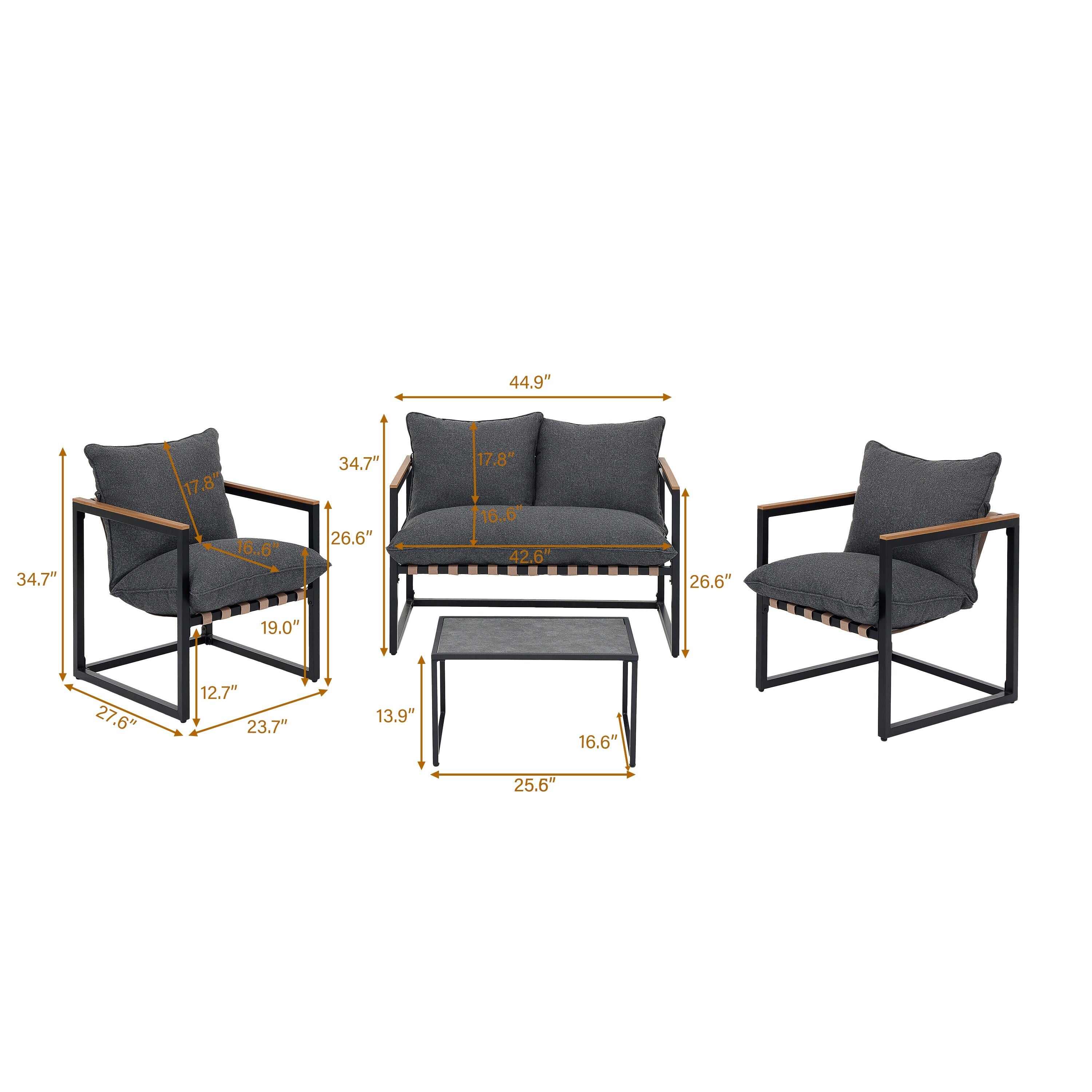 Ensemble de salon de jardin 4 pièces en toile résistante aux intempéries avec coussins et chaises lavables