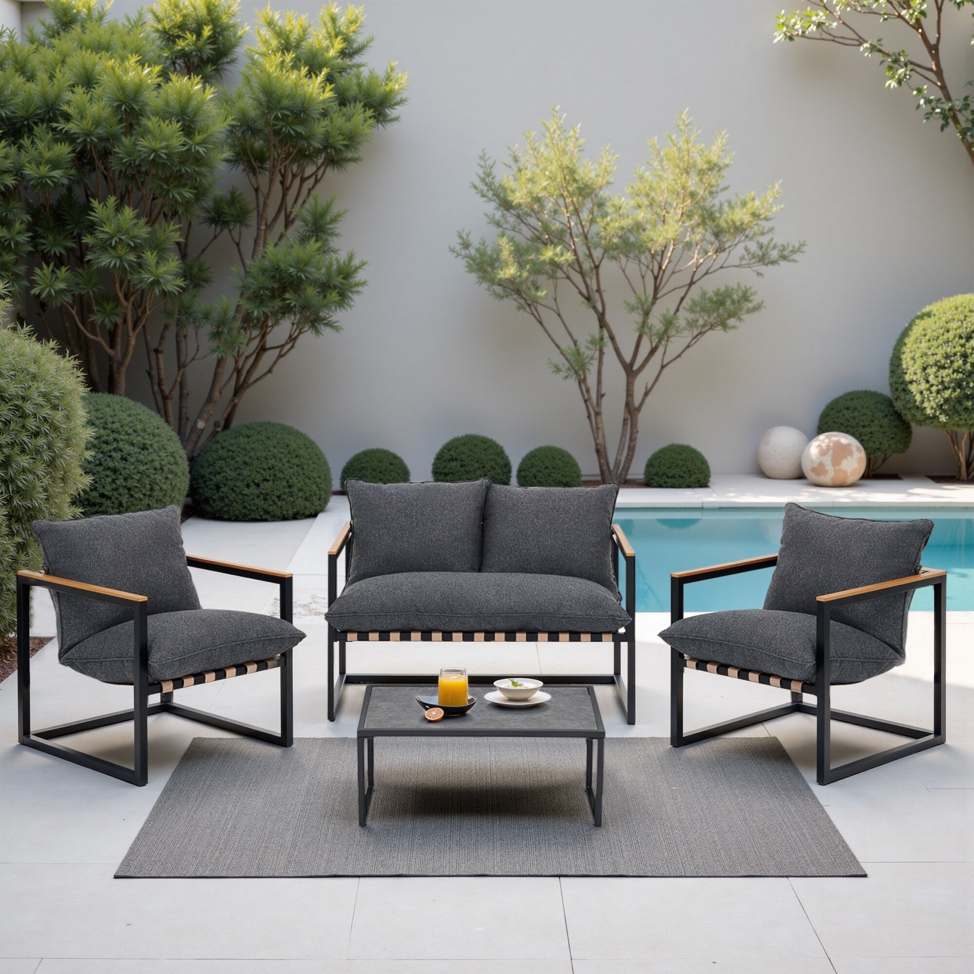 Ensemble de salon de jardin 4 pièces en toile résistante aux intempéries avec coussins et chaises lavables