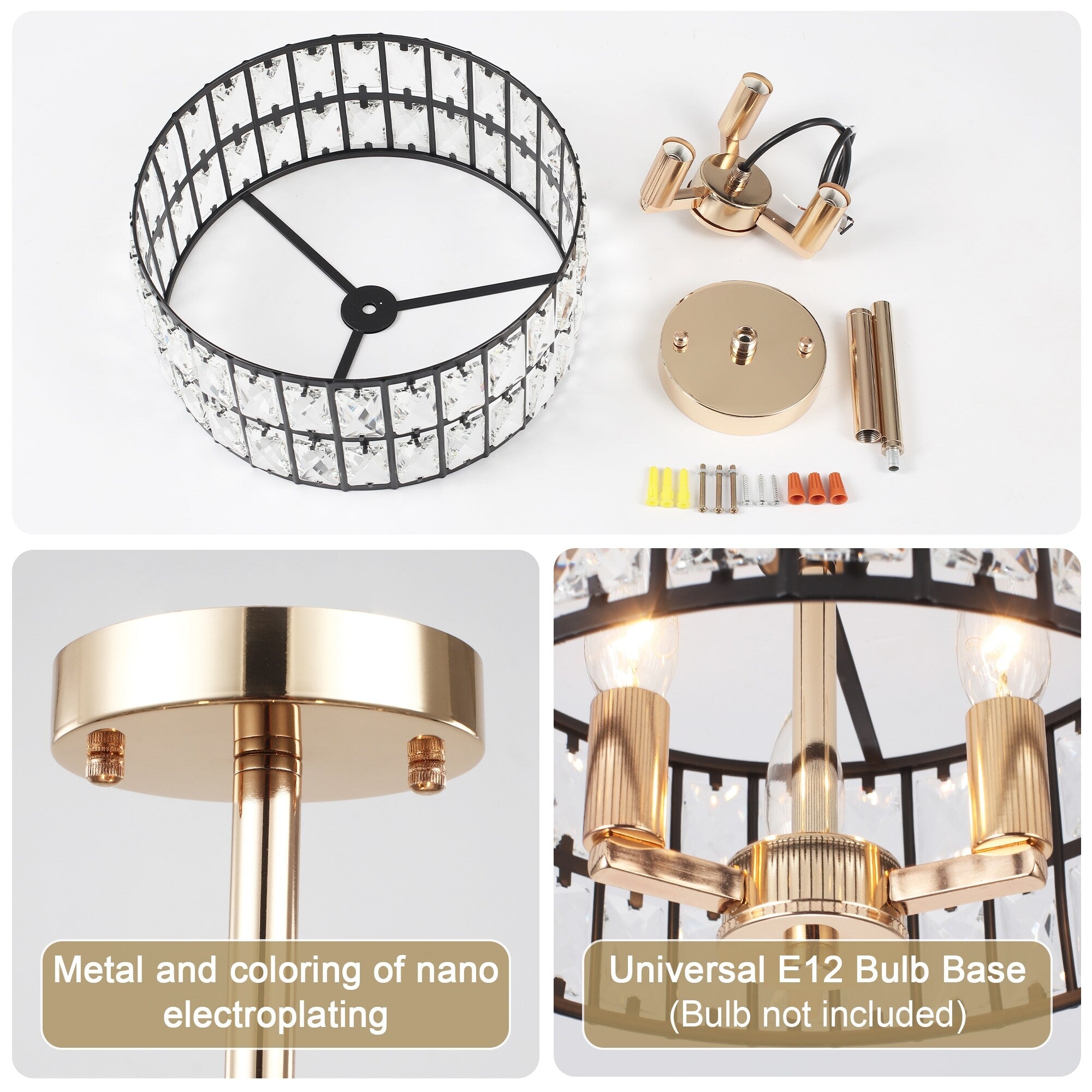 Plafonnier semi-encastré à 3 lumières en cristal pour salon et couloir