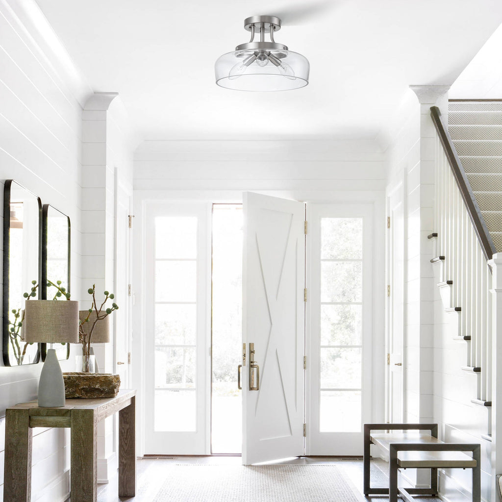 Plafonnier semi-encastré C Cattleya à 3 lumières en nickel satiné avec abat-jour en verre