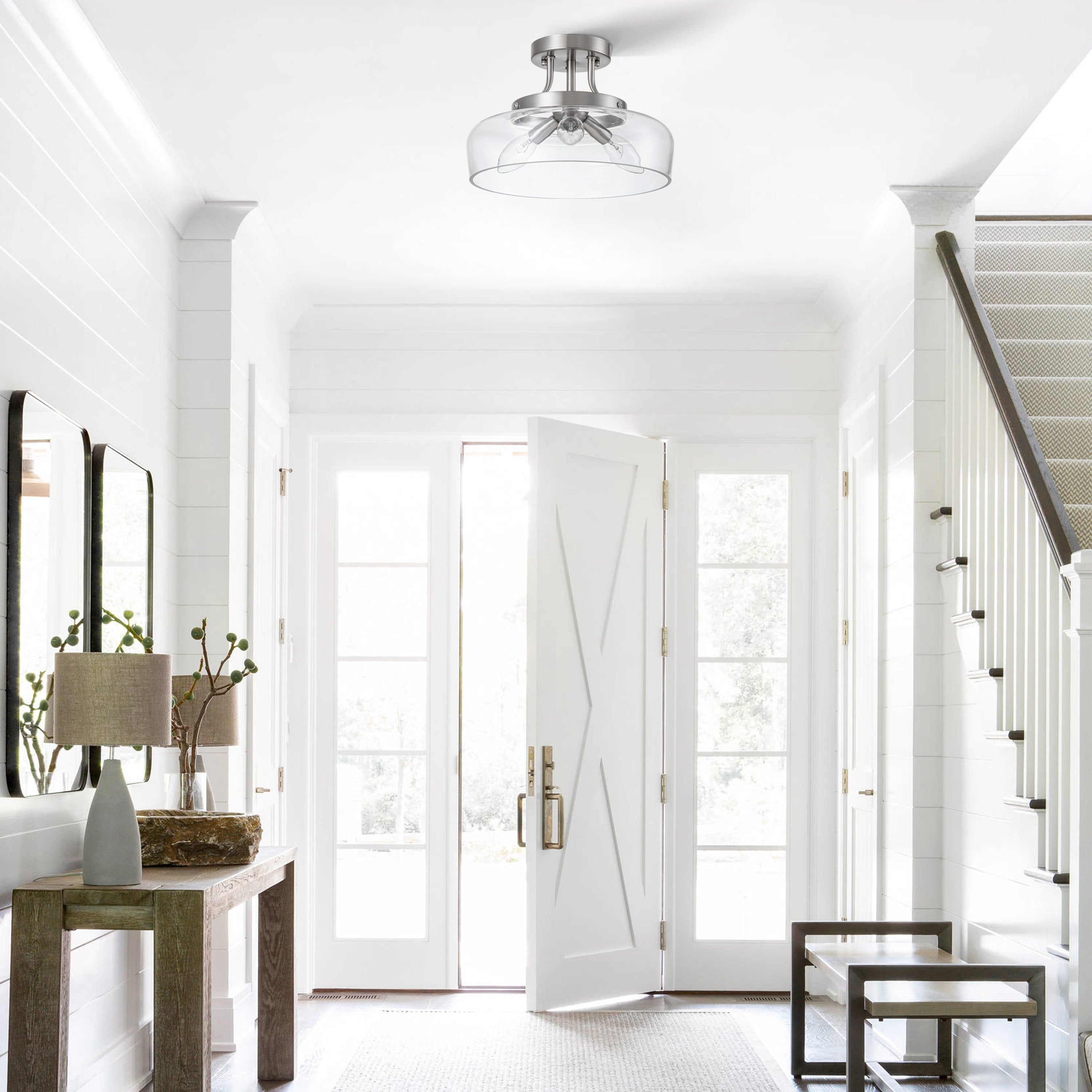 Plafonnier semi-encastré C Cattleya à 3 lumières en nickel satiné avec abat-jour en verre