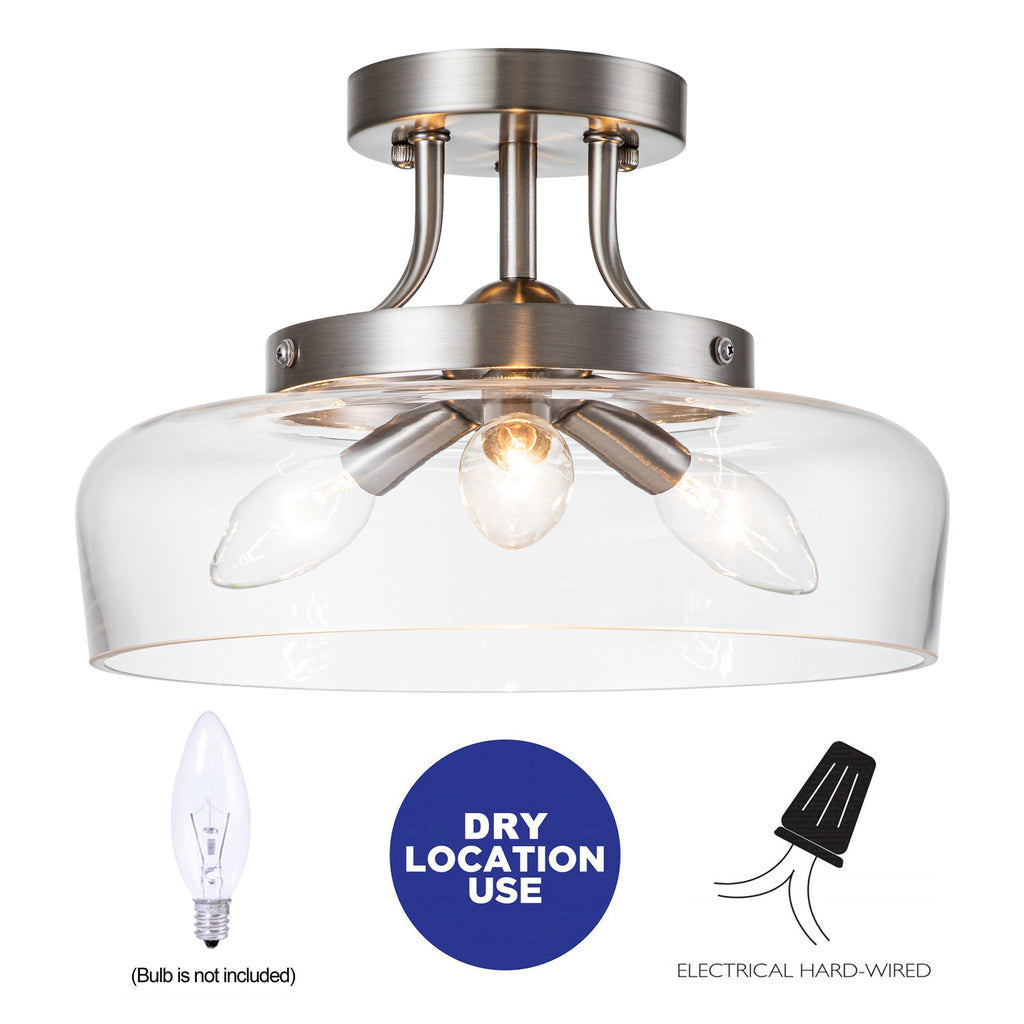 Plafonnier semi-encastré C Cattleya à 3 lumières en nickel satiné avec abat-jour en verre