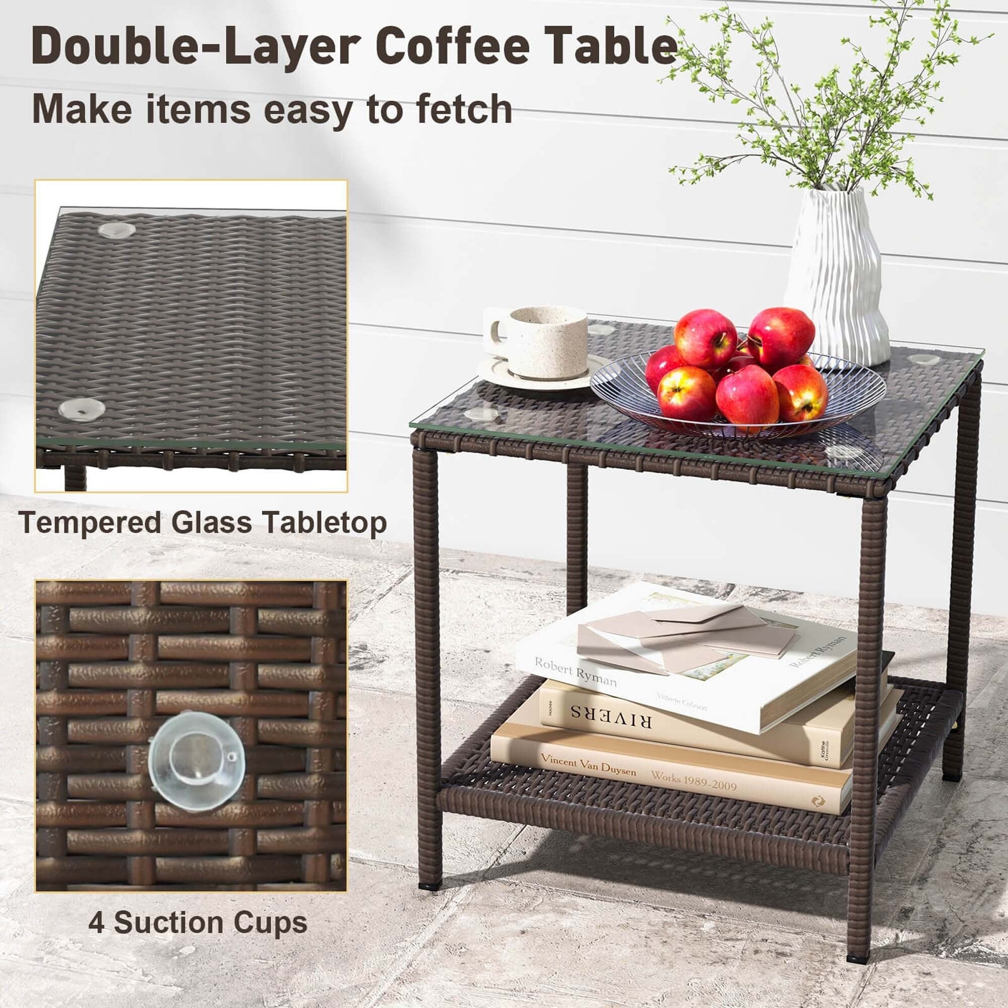 Ensemble de 3 chaises à bascule en osier pour patio avec table basse à 2 niveaux