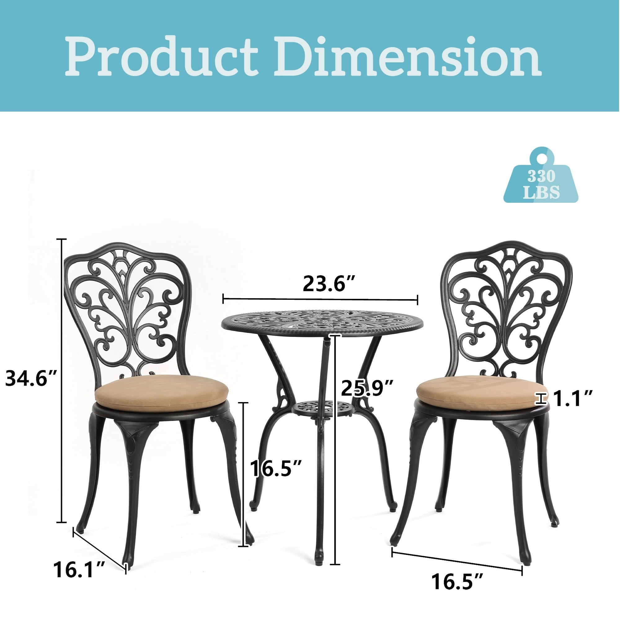 Ensemble de 3 tables et chaises papillon en aluminium pour patio extérieur avec trou pour parasol