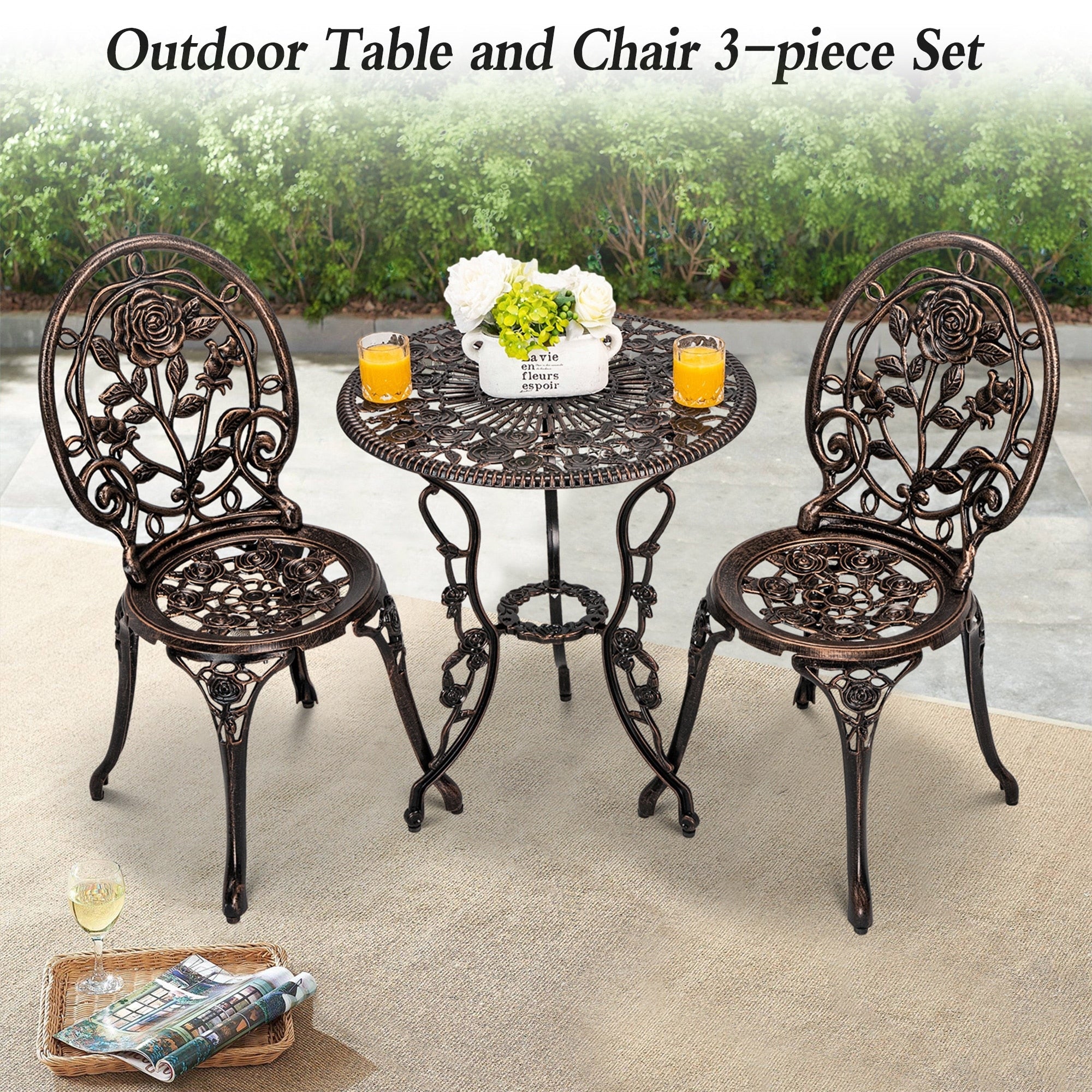Ensemble de rosiers d'extérieur en aluminium 3 pièces avec table