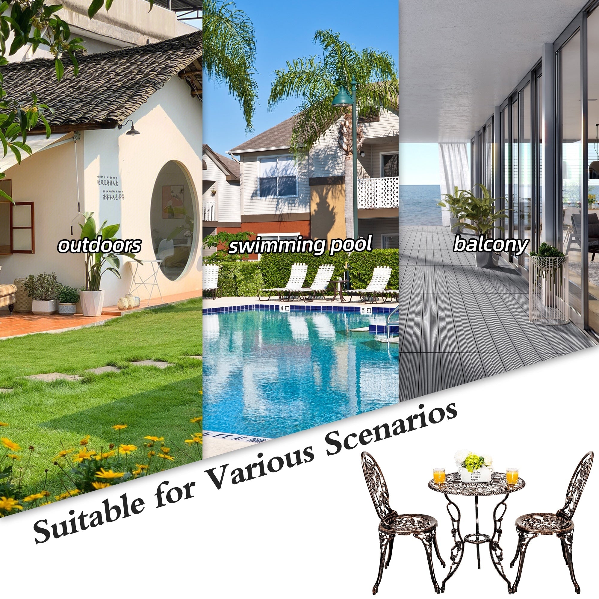 Ensemble de rosiers d'extérieur en aluminium 3 pièces avec table