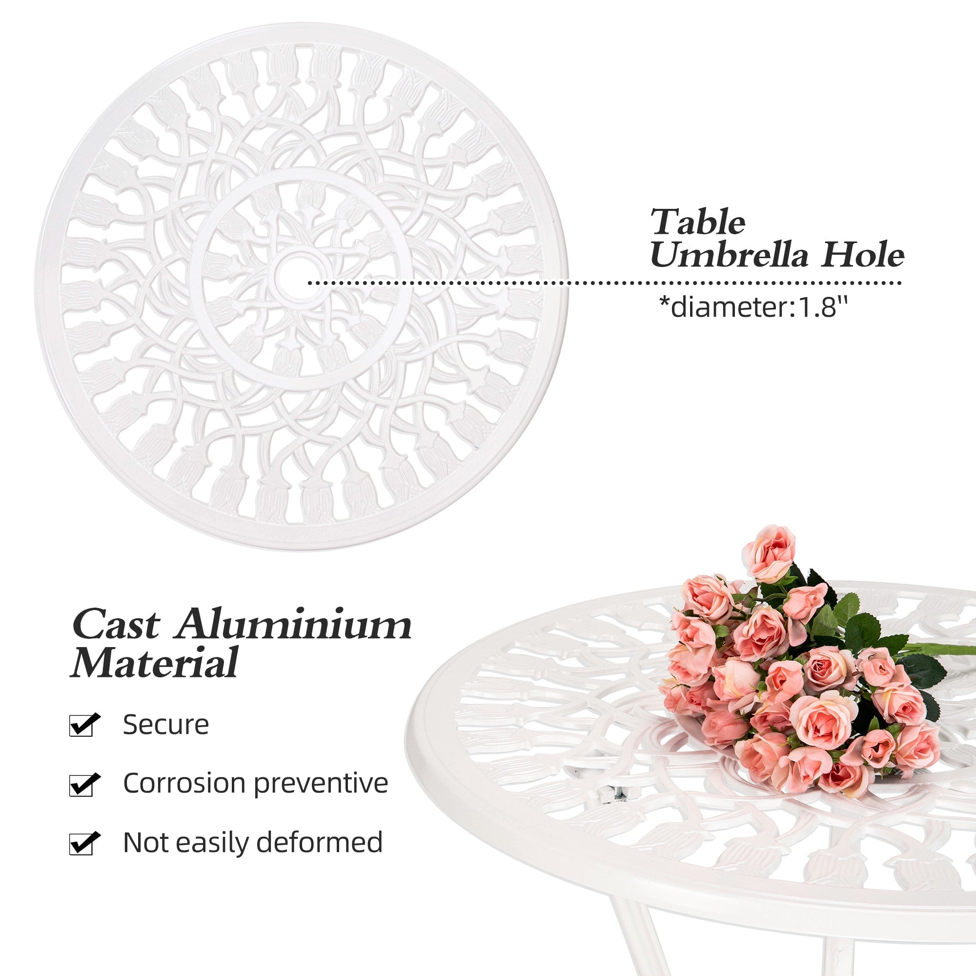 Ensemble de patio extérieur tulipe 3 pièces en aluminium avec table