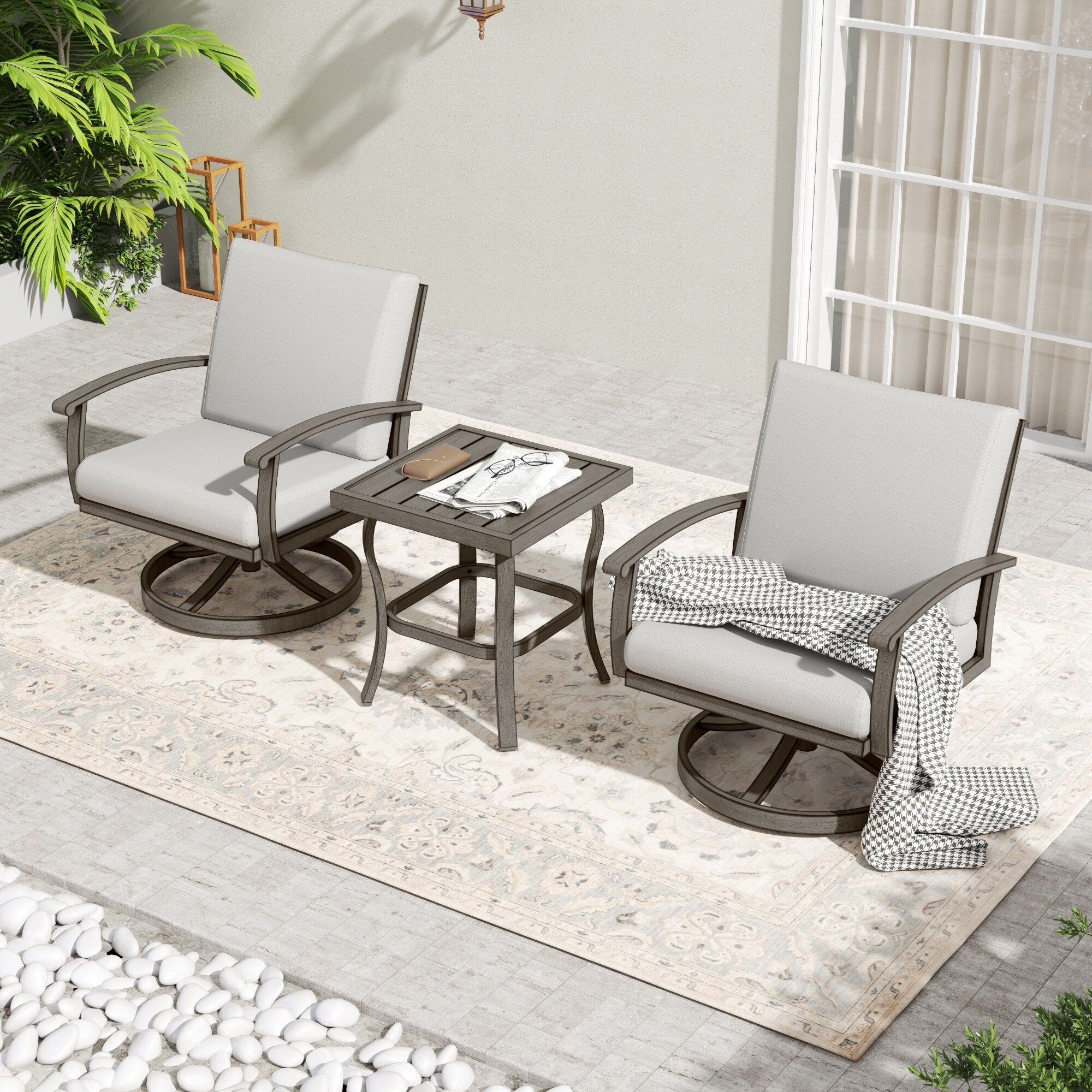 Ensemble bistro de patio en aluminium 3 pièces avec table d'appoint, fauteuils pivotants et coussins gris clair