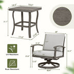 Ensemble bistro de patio en aluminium 3 pièces avec table d'appoint, fauteuils pivotants et coussins gris clair