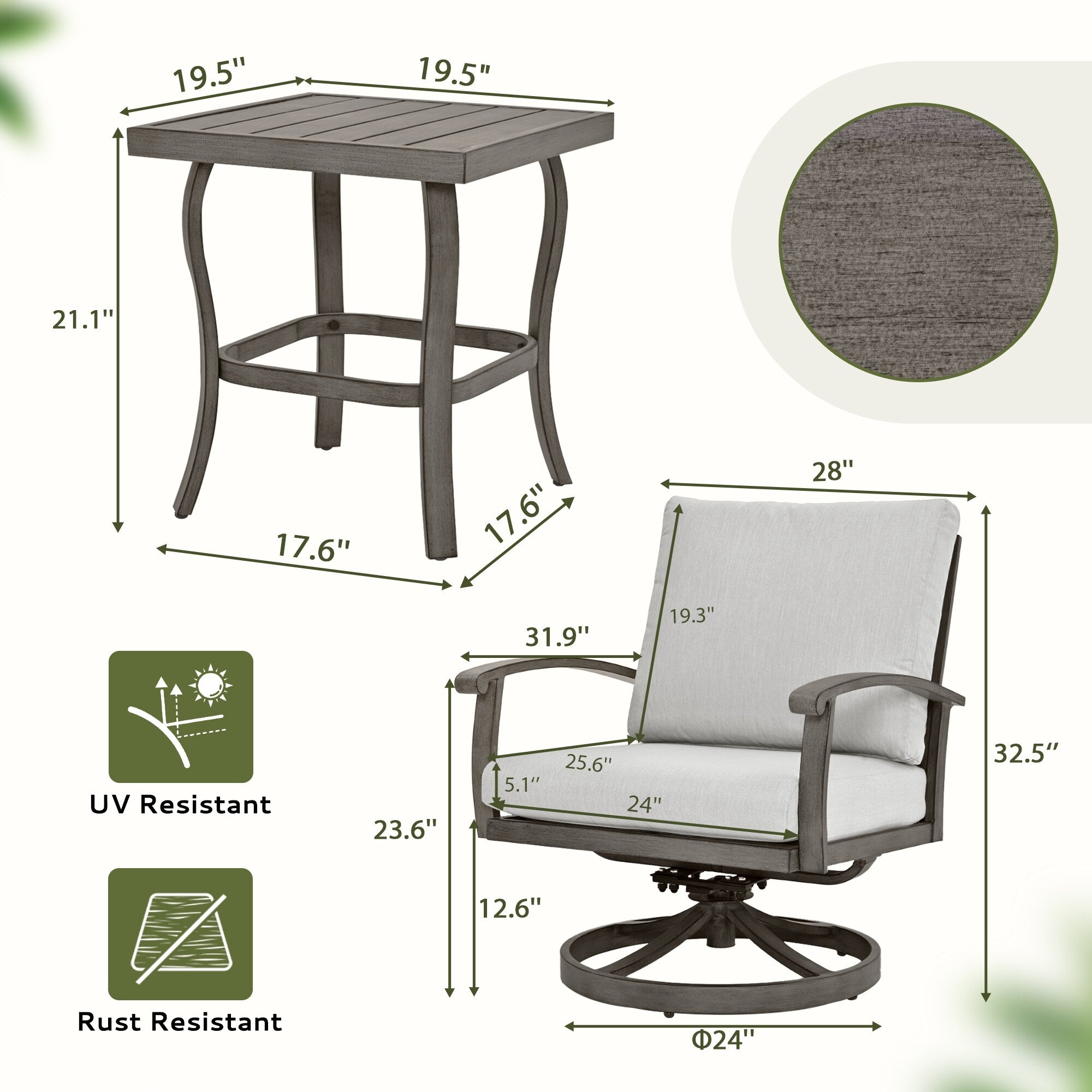 Ensemble bistro de patio en aluminium 3 pièces avec table d'appoint, fauteuils pivotants et coussins gris clair