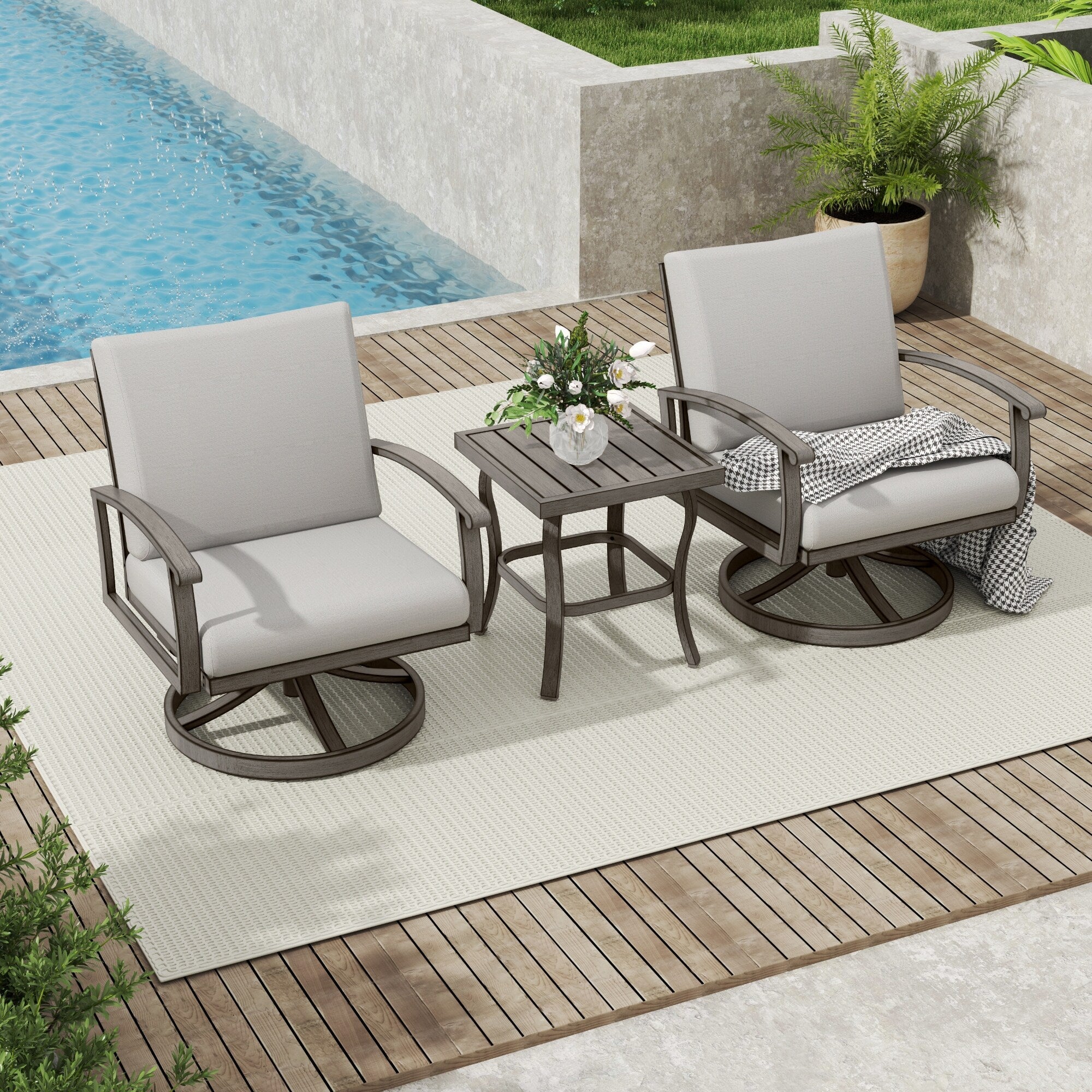 Ensemble bistro de patio en aluminium 3 pièces avec table d'appoint, fauteuils pivotants et coussins gris clair