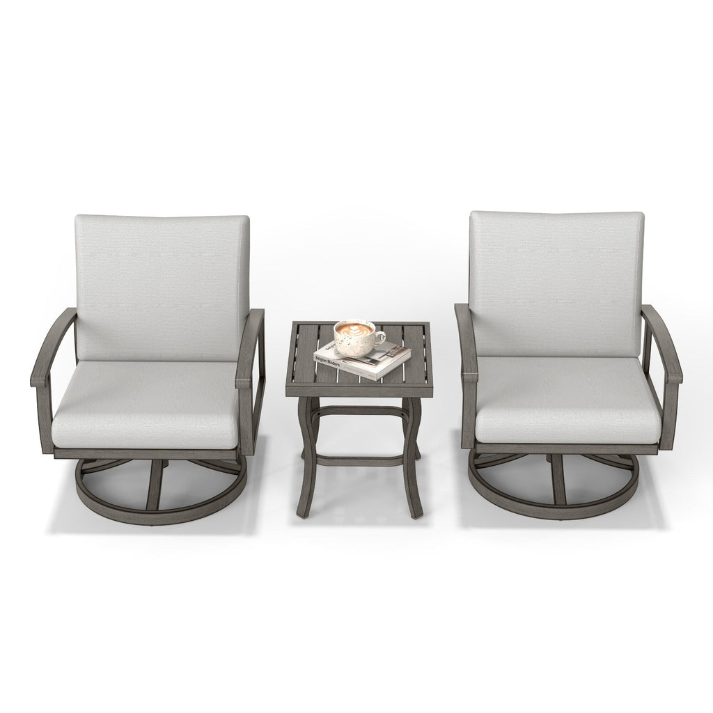 Ensemble bistro de patio en aluminium 3 pièces avec table d'appoint, fauteuils pivotants et coussins gris clair
