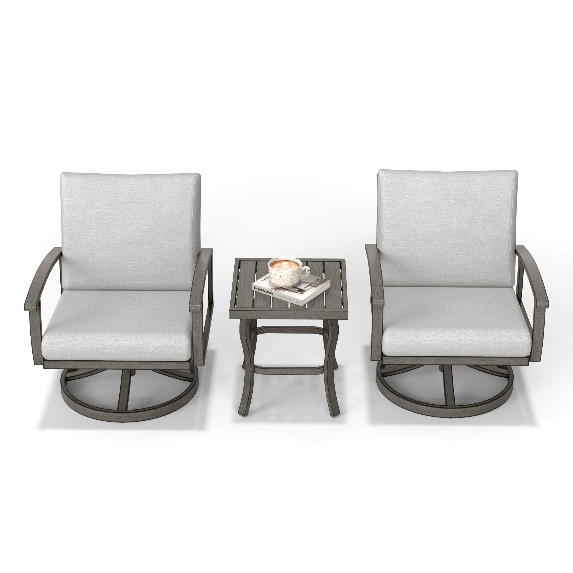 Ensemble bistro de patio en aluminium 3 pièces avec table d'appoint, fauteuils pivotants et coussins gris clair
