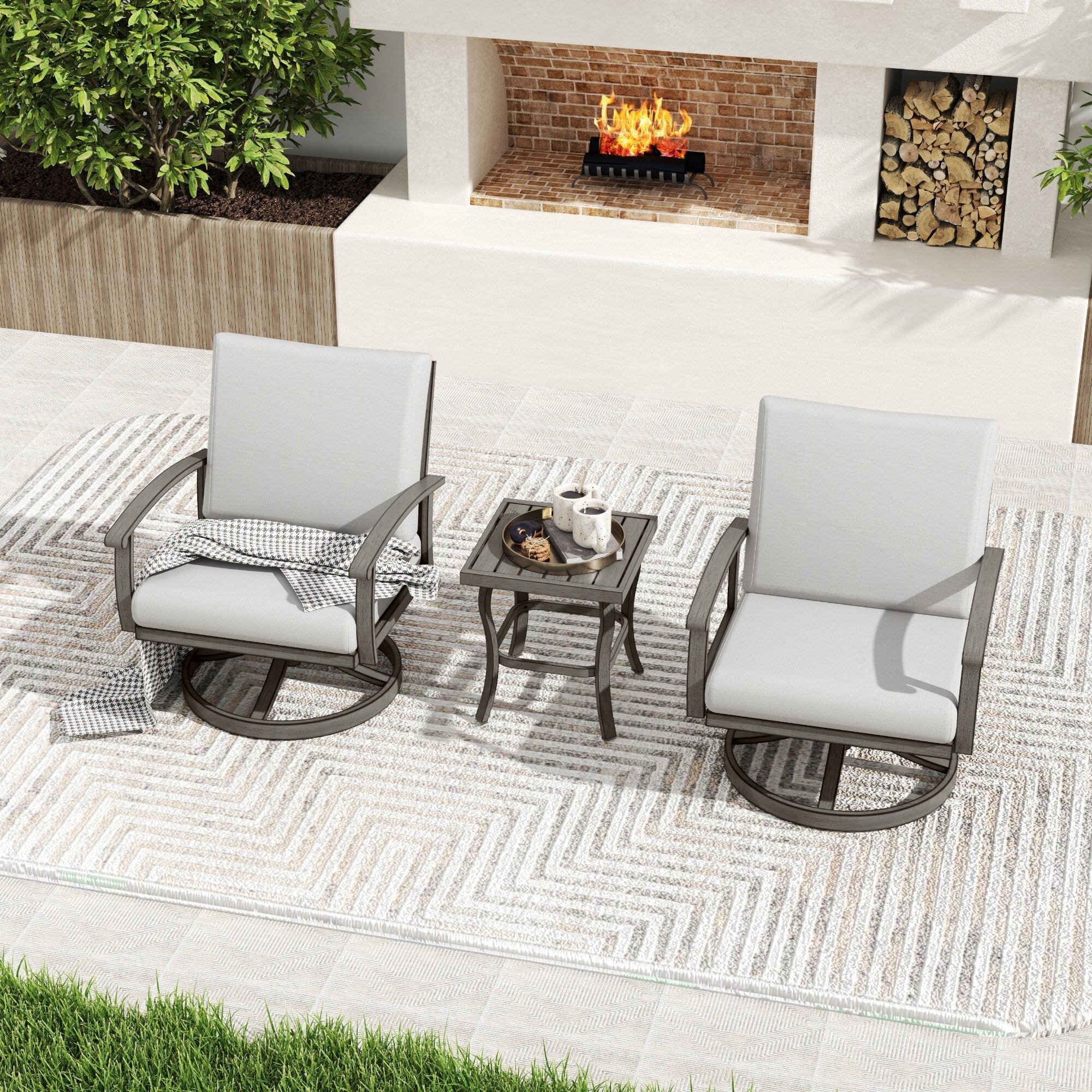 Ensemble bistro de patio en aluminium 3 pièces avec table d'appoint, fauteuils pivotants et coussins gris clair