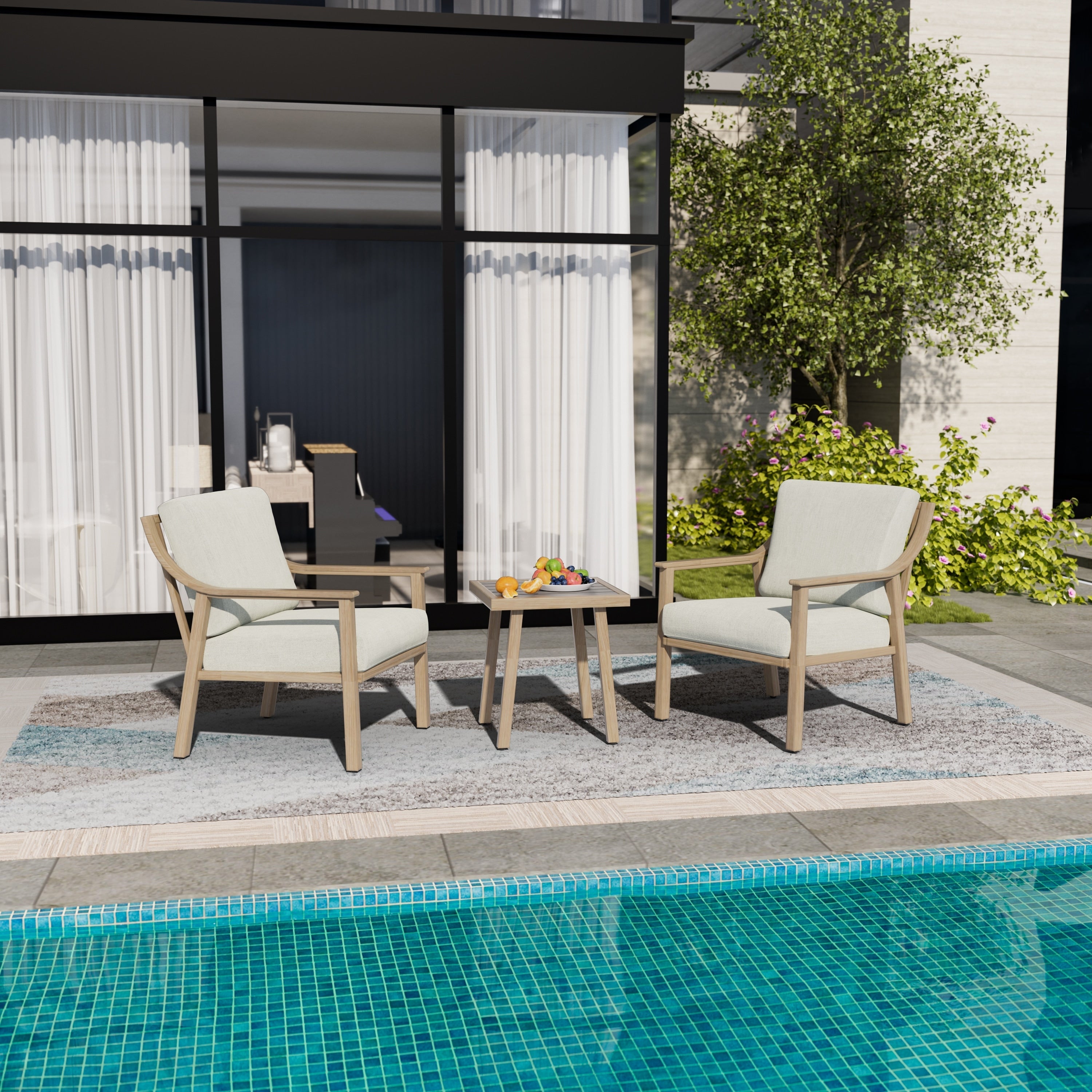 Ensemble de conversation de patio en aluminium 3 pièces avec table d'appoint et coussins