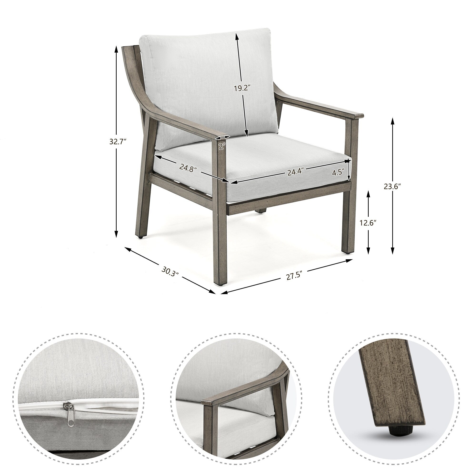 Ensemble de conversation de patio en aluminium 3 pièces avec table d'appoint et coussins