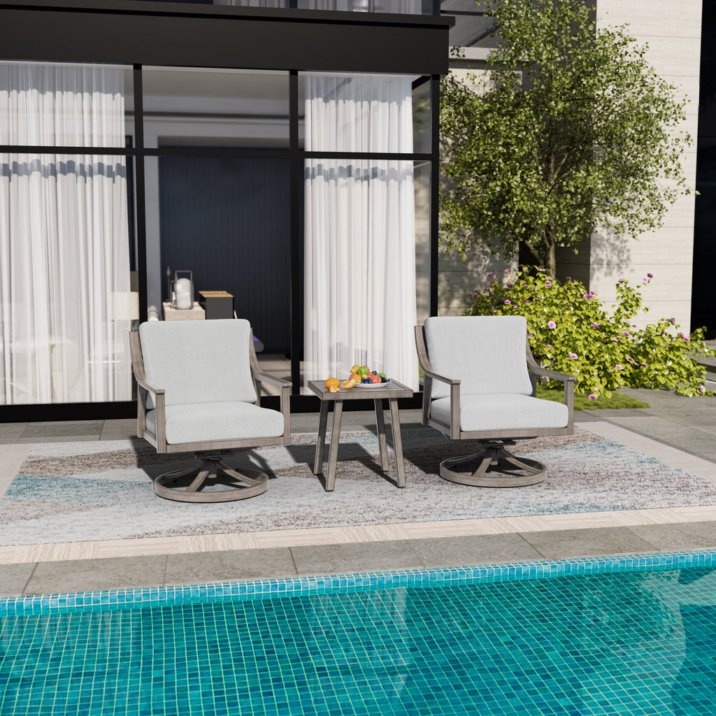 Ensemble de salon de jardin en aluminium 3 pièces avec chaises pivotantes, table d'appoint et coussins