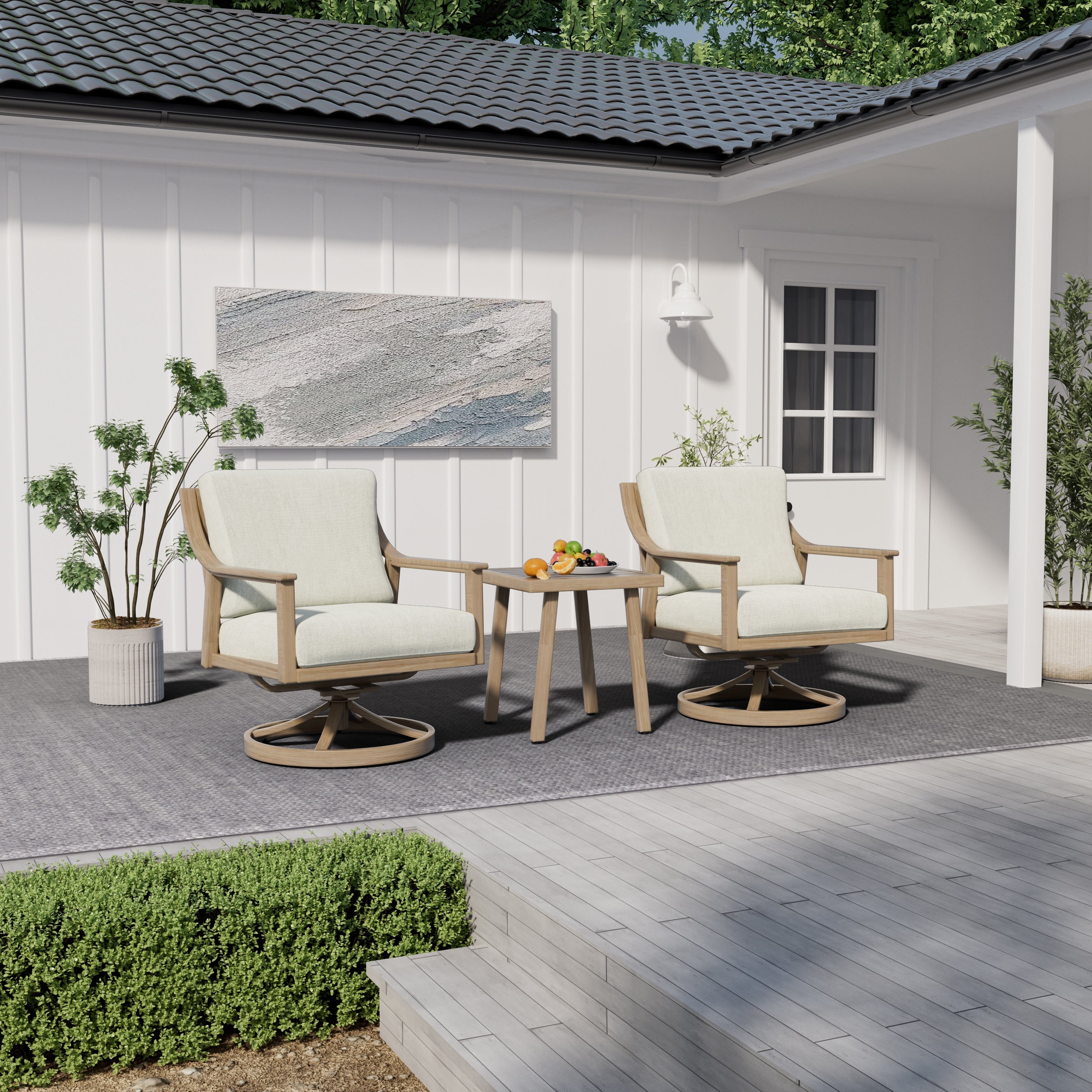 Ensemble de salon de jardin en aluminium 3 pièces avec chaises pivotantes, table d'appoint et coussins