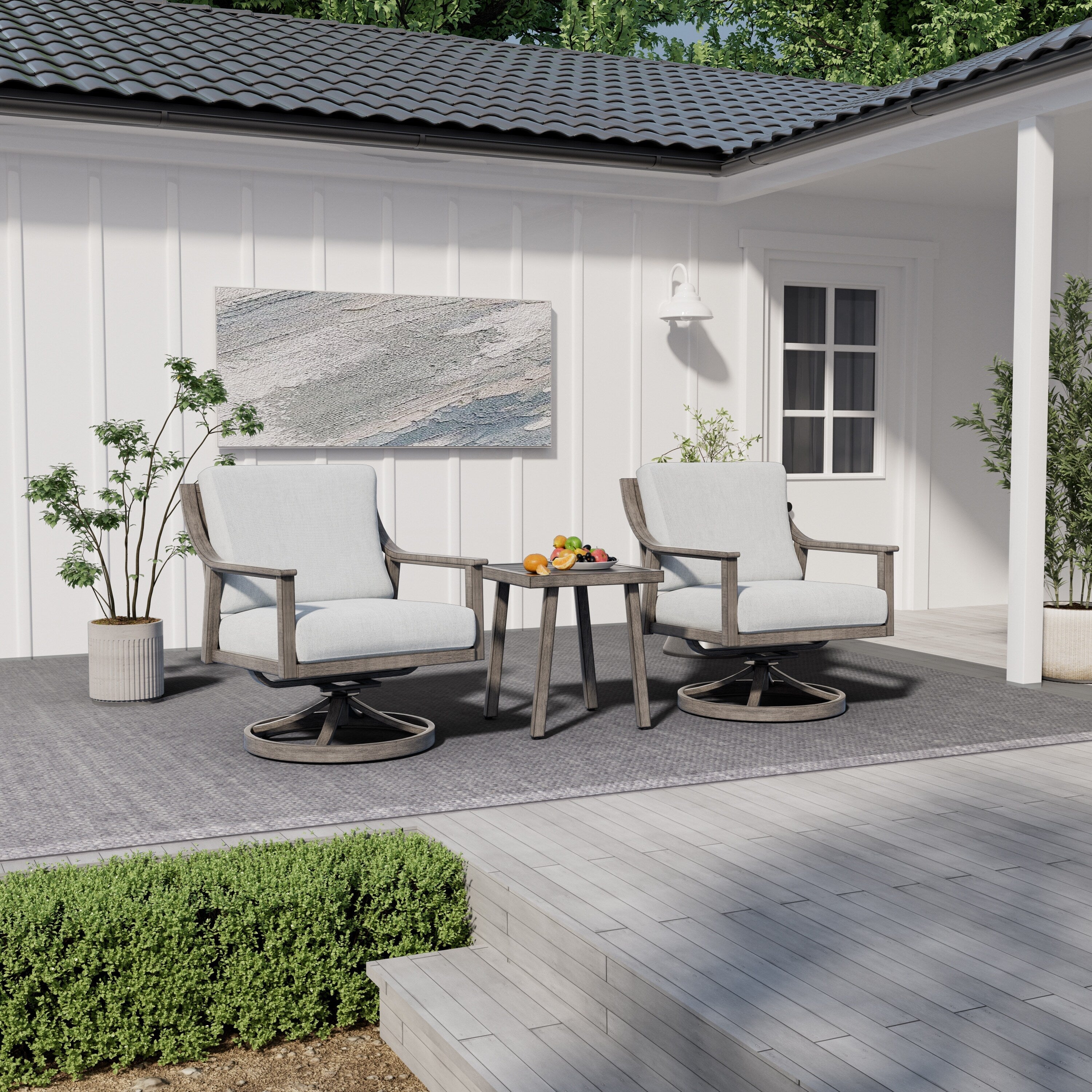 Ensemble de salon de jardin en aluminium 3 pièces avec chaises pivotantes, table d'appoint et coussins