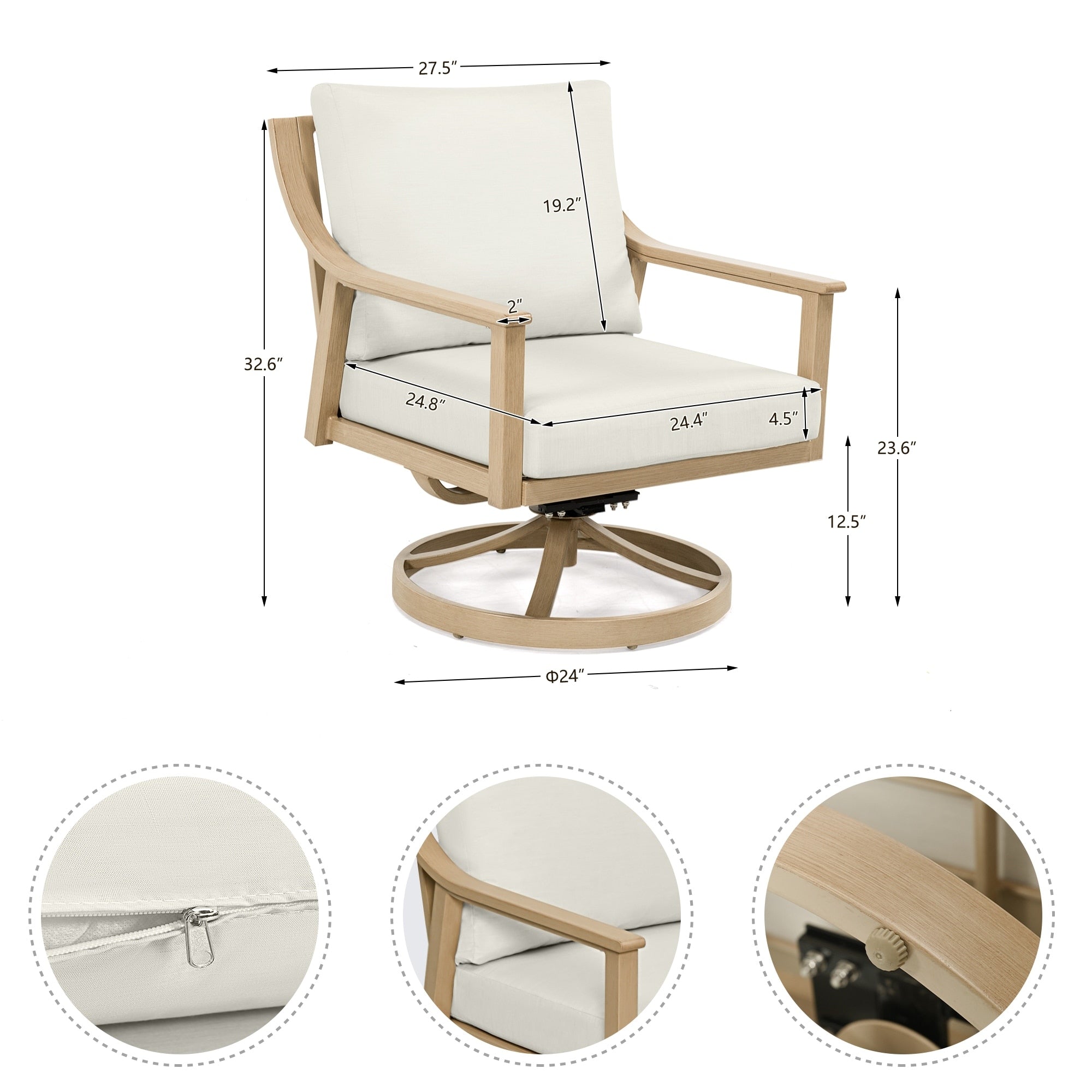 Ensemble de salon de jardin en aluminium 3 pièces avec chaises pivotantes, table d'appoint et coussins