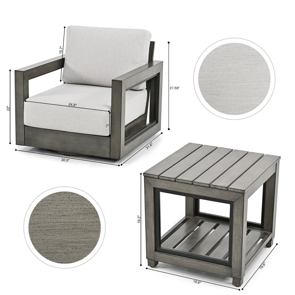 Ensemble de salon de jardin 3 pièces en aluminium avec chaises pivotantes, cadre et coussins peints à la main