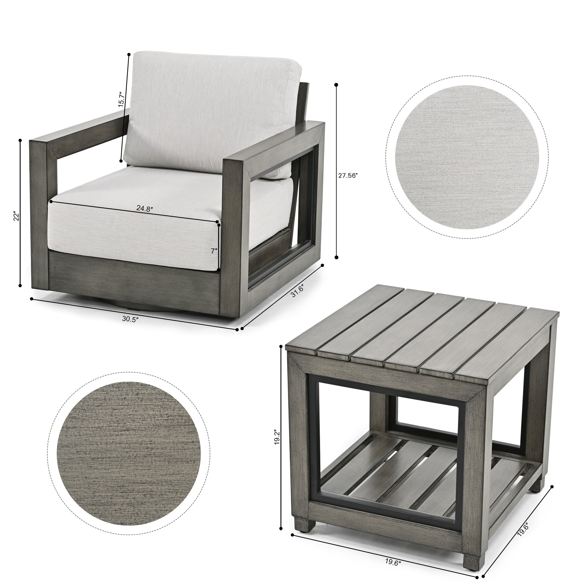 Ensemble de salon de jardin 3 pièces en aluminium avec chaises pivotantes, cadre et coussins peints à la main