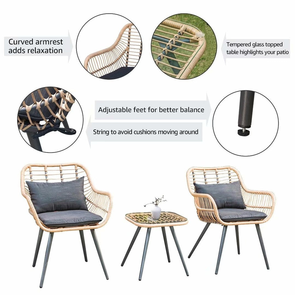 Ensemble bistrot rembourré 3 pièces avec chaises en osier et table d'appoint pour patio