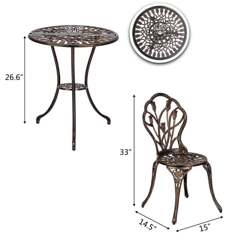 Ensemble de bistrot de patio 3 pièces en aluminium moulé, mobilier d'extérieur, design tulipe, finition cuivre antique, résistant à la rouille