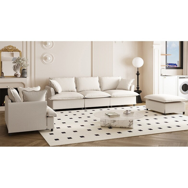 Ensemble de canapés de salon 3 pièces, canapé modulaire en chenille en forme de L, canapé 3 places rembourré, fauteuil et pouf mobile