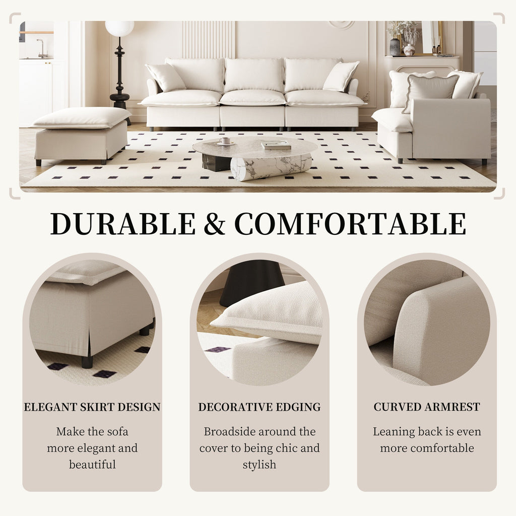 Ensemble de canapés de salon 3 pièces, canapé modulaire en chenille en forme de L, canapé 3 places rembourré, fauteuil et pouf mobile