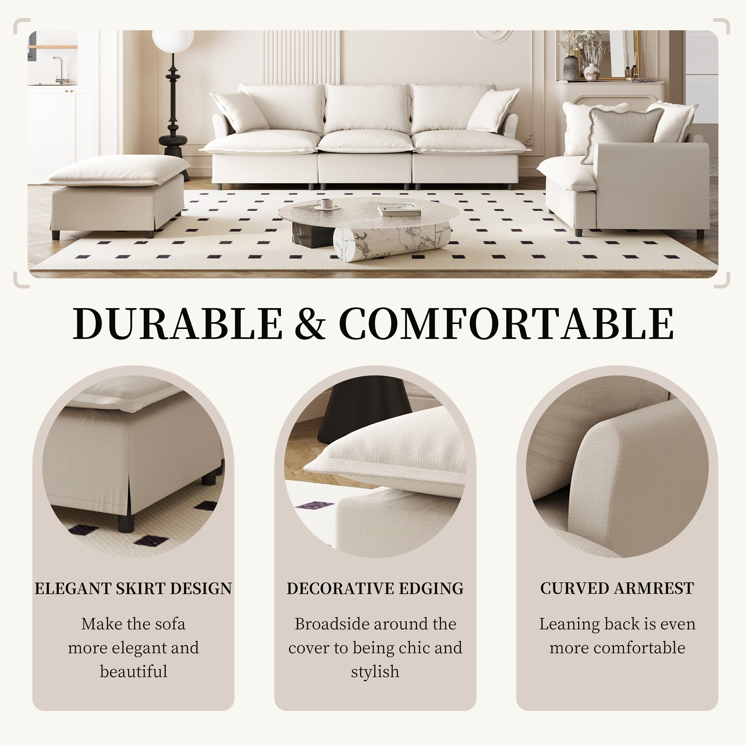 Ensemble de canapés de salon 3 pièces, canapé modulaire en chenille en forme de L, canapé 3 places rembourré, fauteuil et pouf mobile