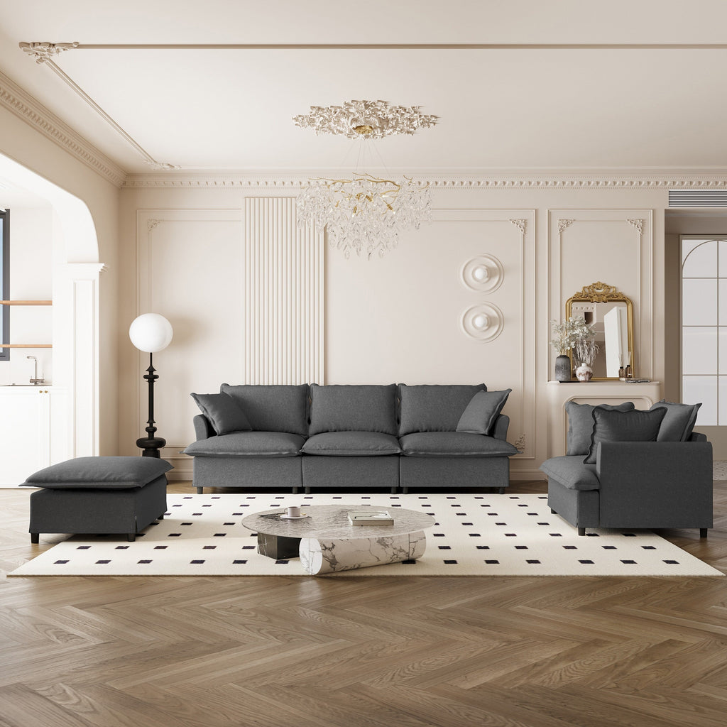 Ensemble de canapés de salon 3 pièces, canapé modulaire en chenille en forme de L, canapé 3 places rembourré, fauteuil et pouf mobile