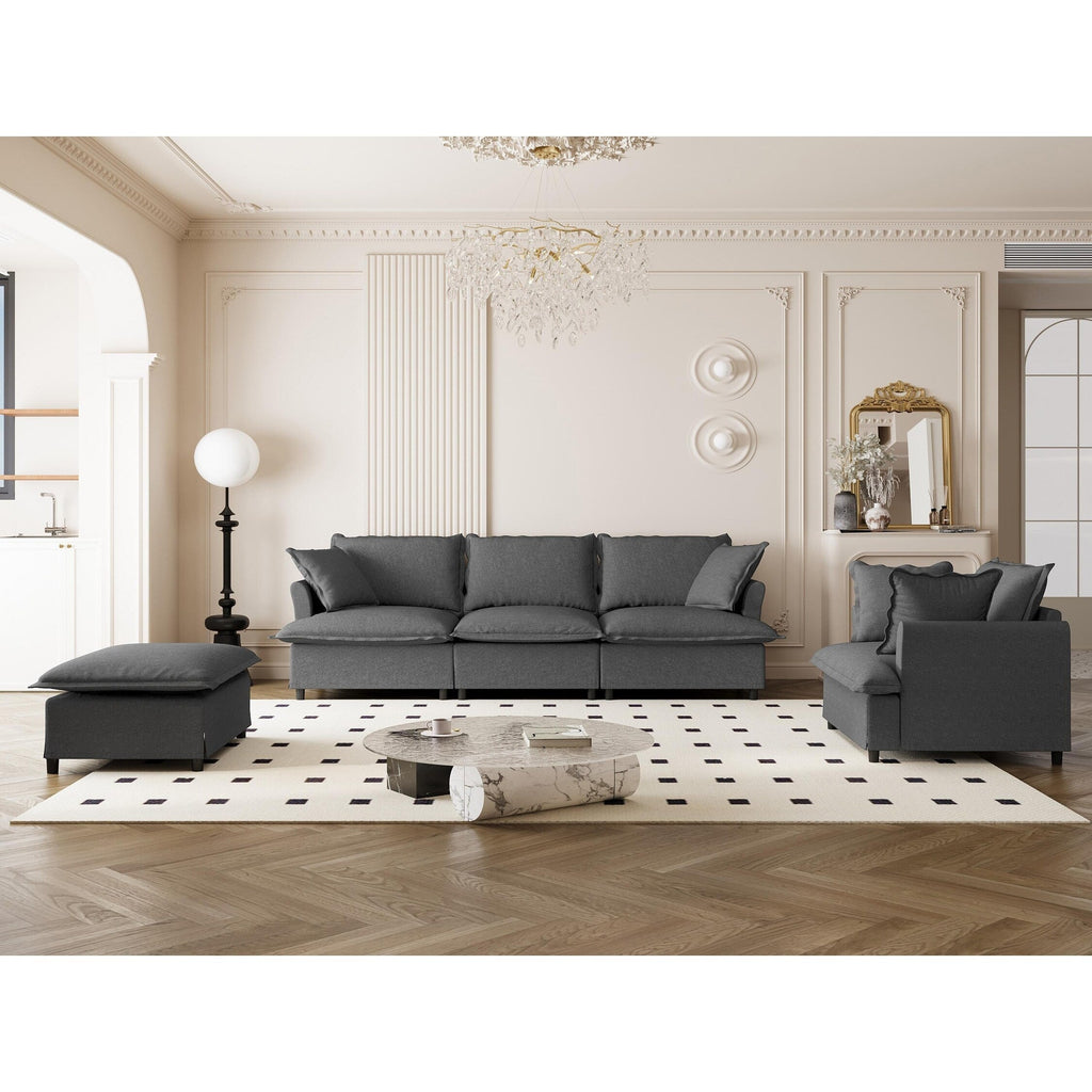 Ensemble de canapés de salon 3 pièces, canapé modulaire en chenille en forme de L, canapé 3 places rembourré, fauteuil et pouf mobile