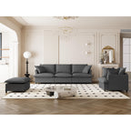 Ensemble de canapés de salon 3 pièces, canapé modulaire en chenille en forme de L, canapé 3 places rembourré, fauteuil et pouf mobile