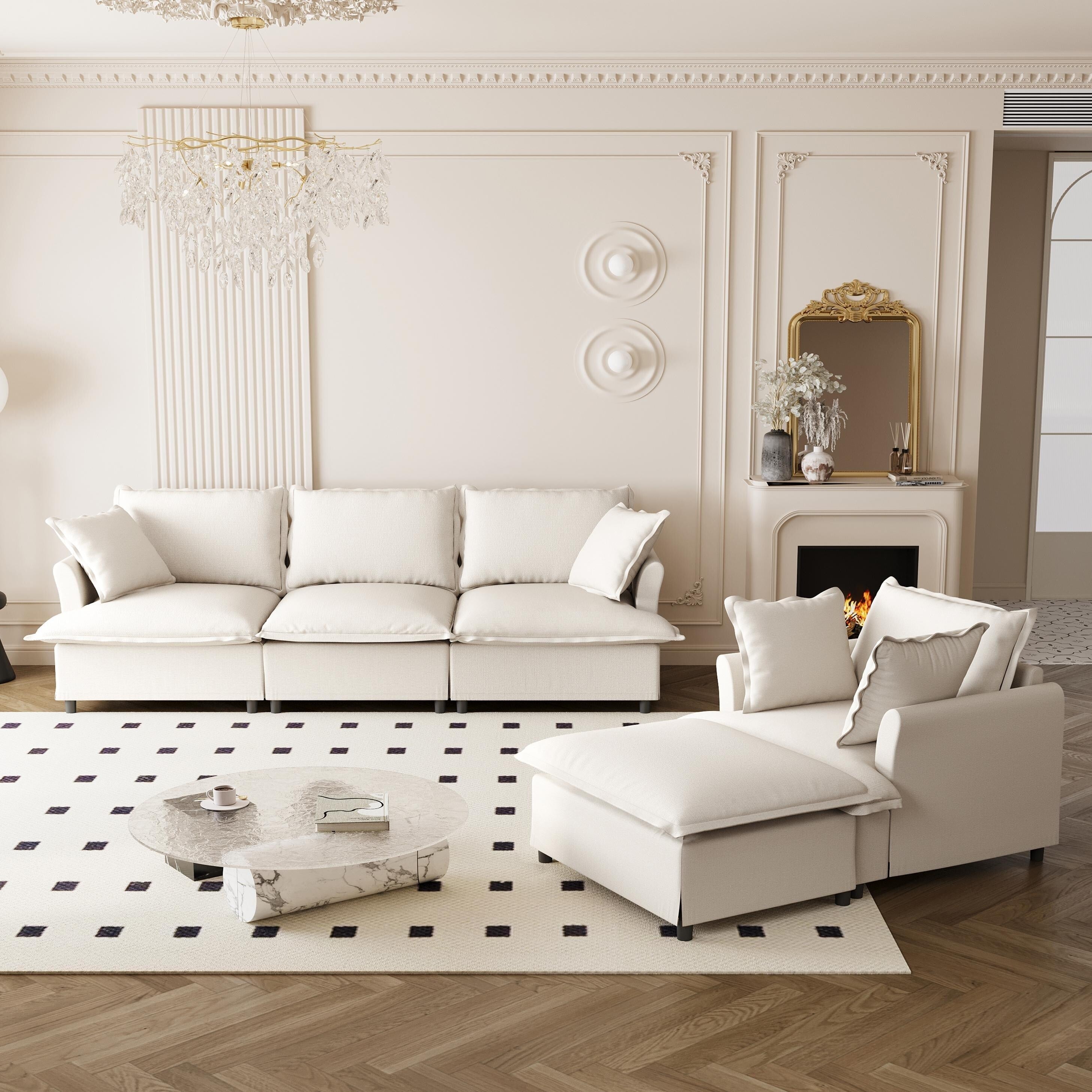 Ensemble de canapés de salon 3 pièces, canapé modulaire en chenille en forme de L, canapé 3 places rembourré, fauteuil et pouf mobile