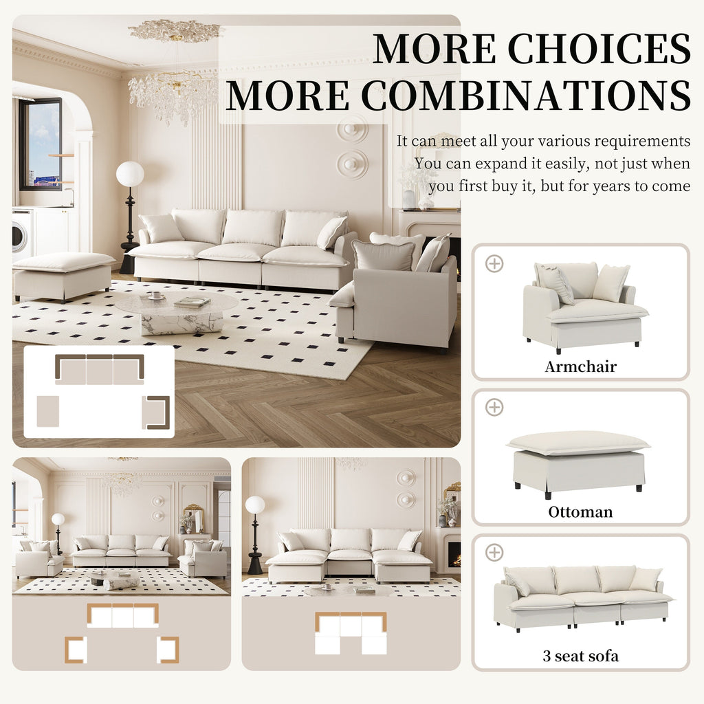 Ensemble de canapés de salon 3 pièces, canapé modulaire en chenille en forme de L, canapé 3 places rembourré, fauteuil et pouf mobile