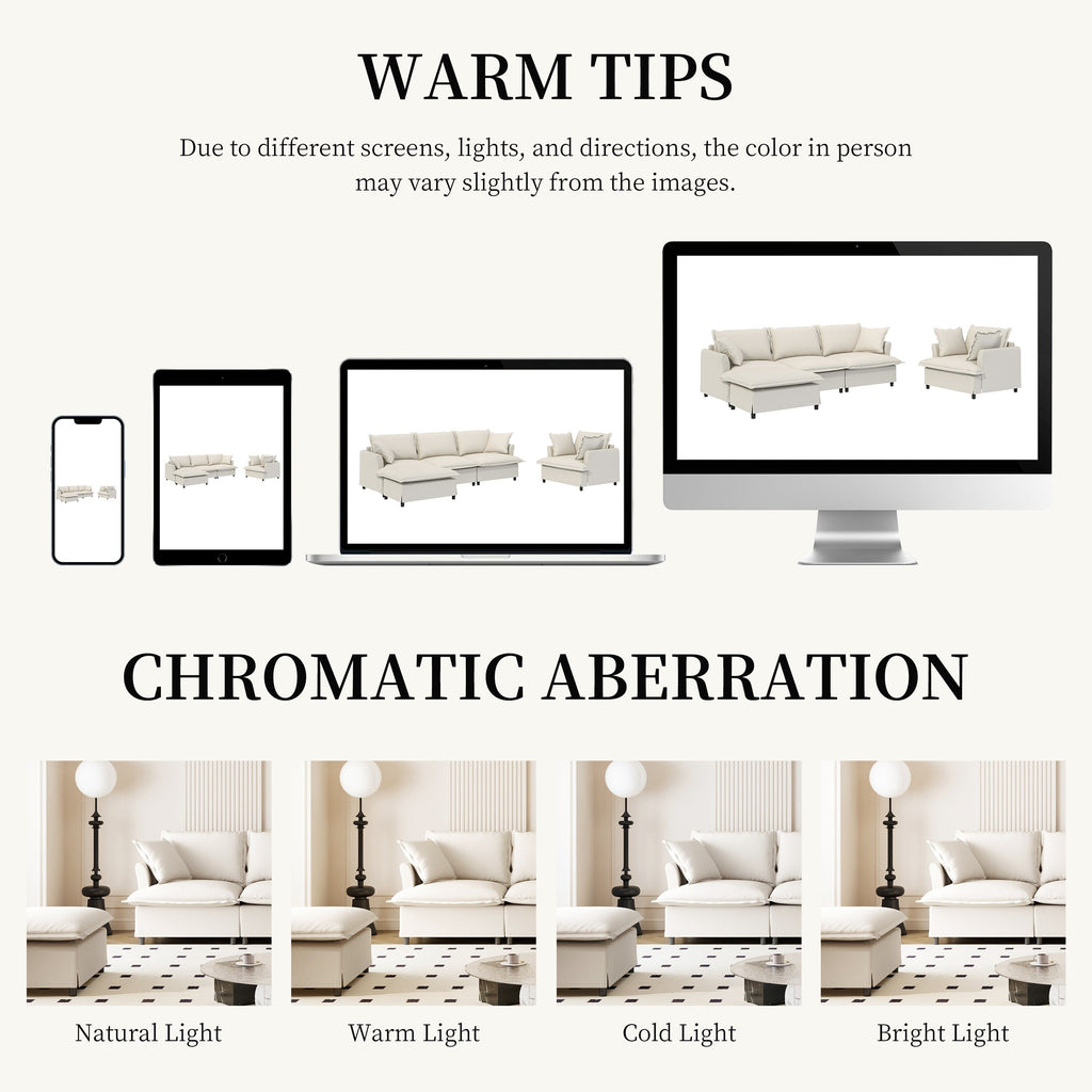 Ensemble de canapés de salon 3 pièces, canapé modulaire en chenille en forme de L, canapé 3 places rembourré, fauteuil et pouf mobile