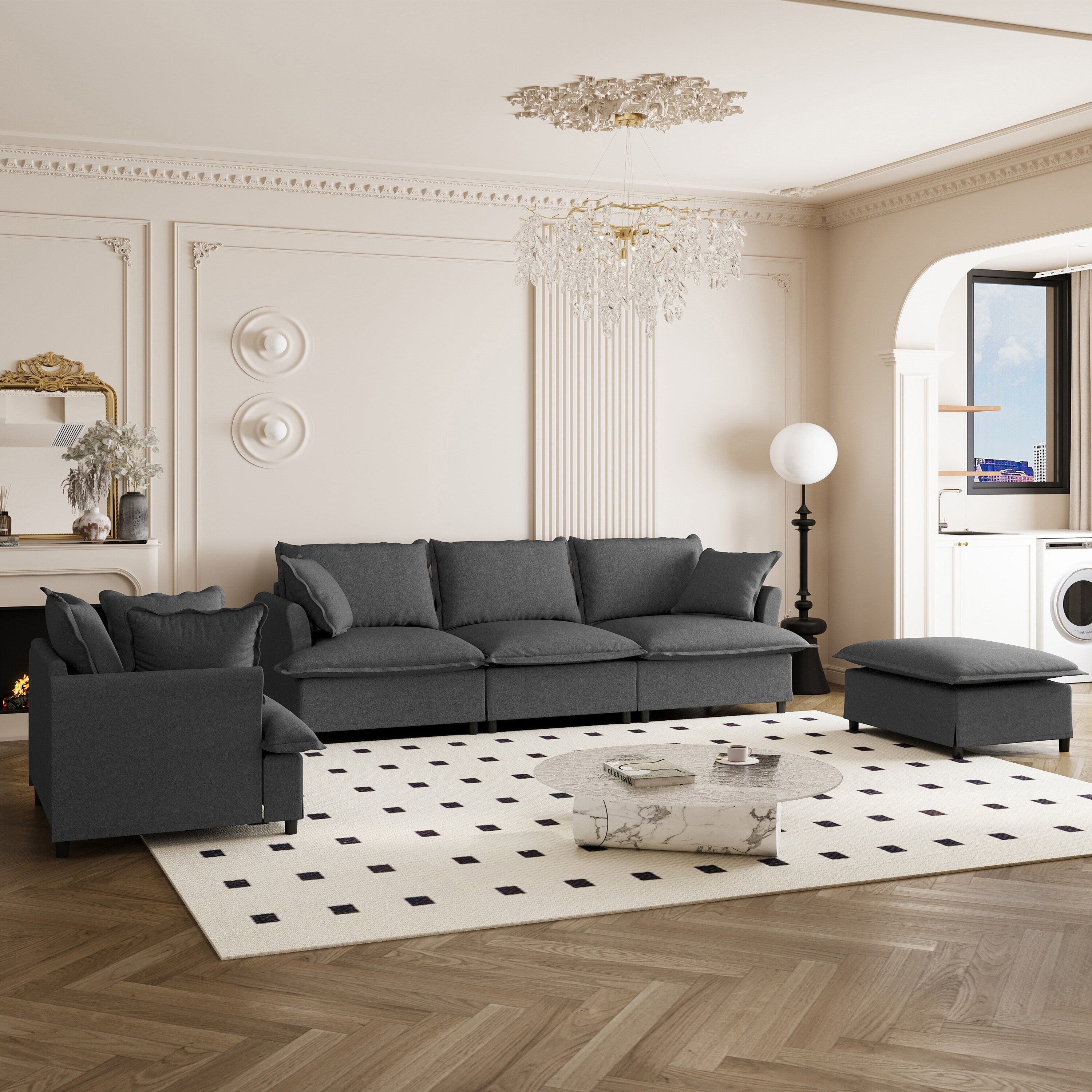 Ensemble de canapés de salon 3 pièces, canapé modulaire en chenille en forme de L, canapé 3 places rembourré, fauteuil et pouf mobile