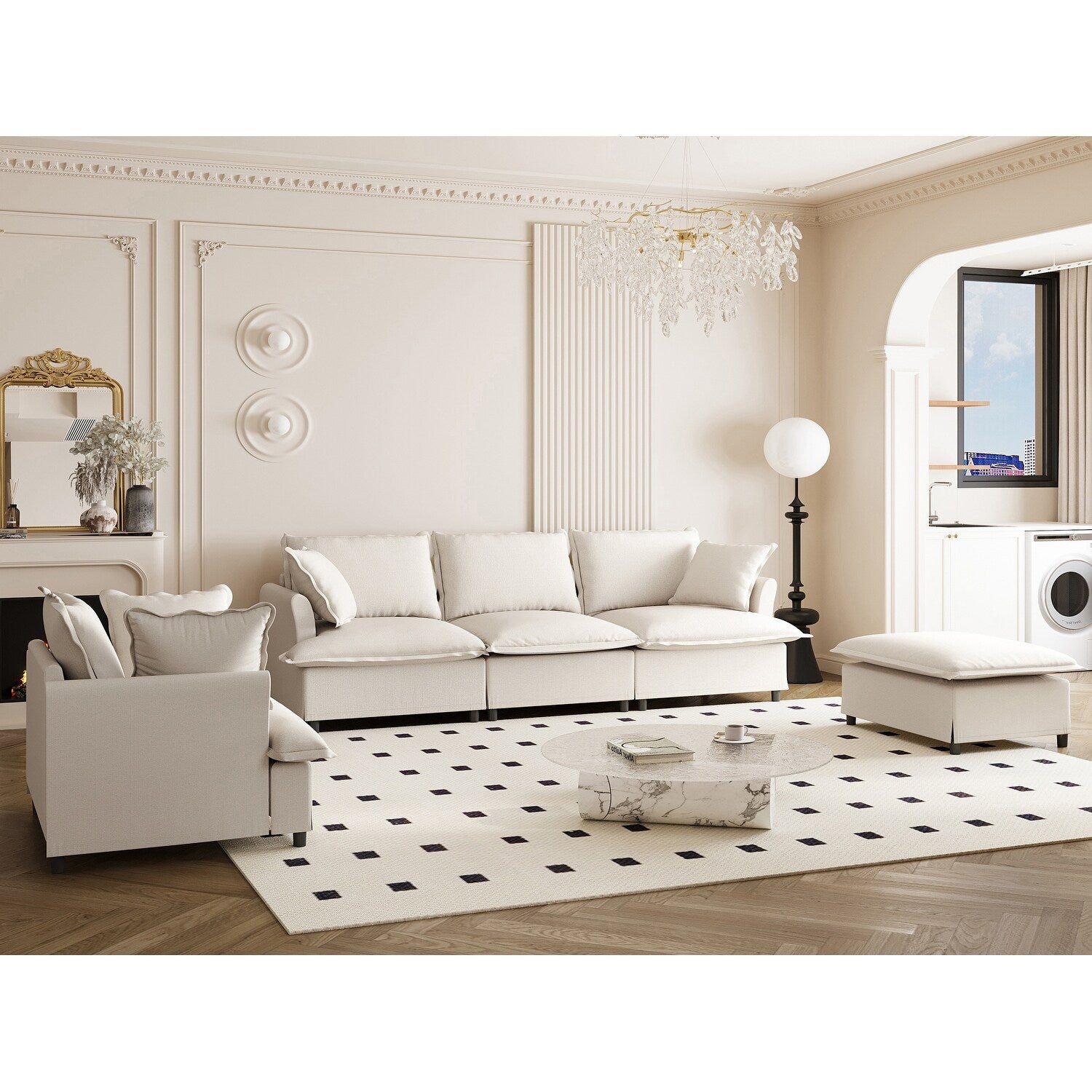 Ensemble de canapés de salon 3 pièces, canapé modulaire en chenille en forme de L, canapé 3 places rembourré, fauteuil et pouf mobile