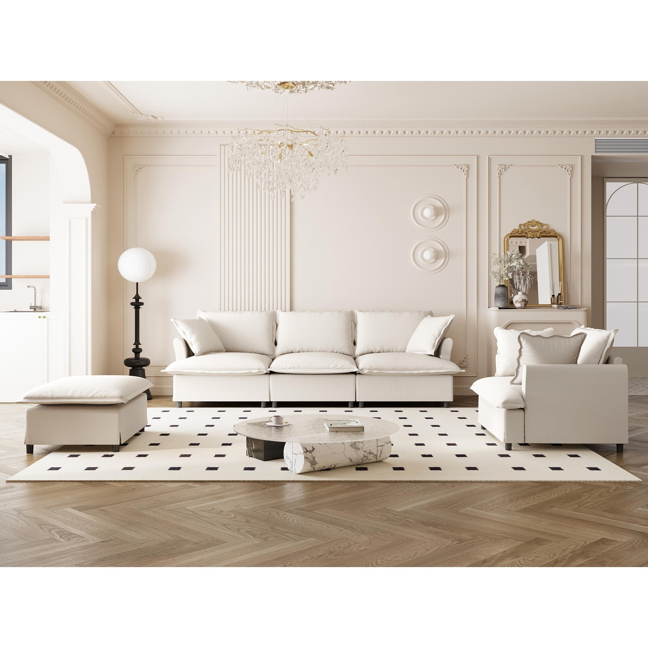 Ensemble de canapés de salon 3 pièces, canapé modulaire en chenille en forme de L, canapé 3 places rembourré, fauteuil et pouf mobile