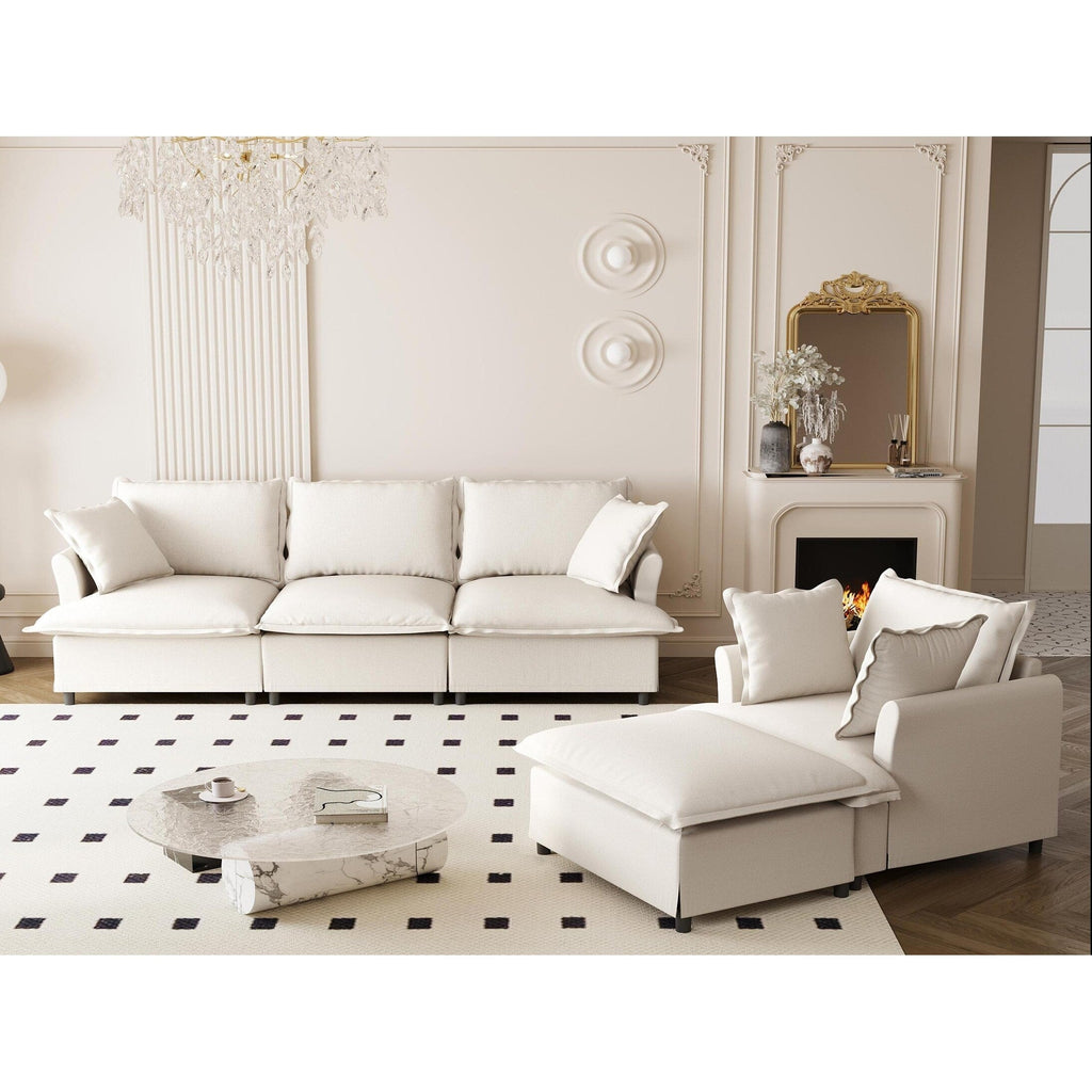 Ensemble de canapés de salon 3 pièces, canapé modulaire en chenille en forme de L, canapé 3 places rembourré, fauteuil et pouf mobile