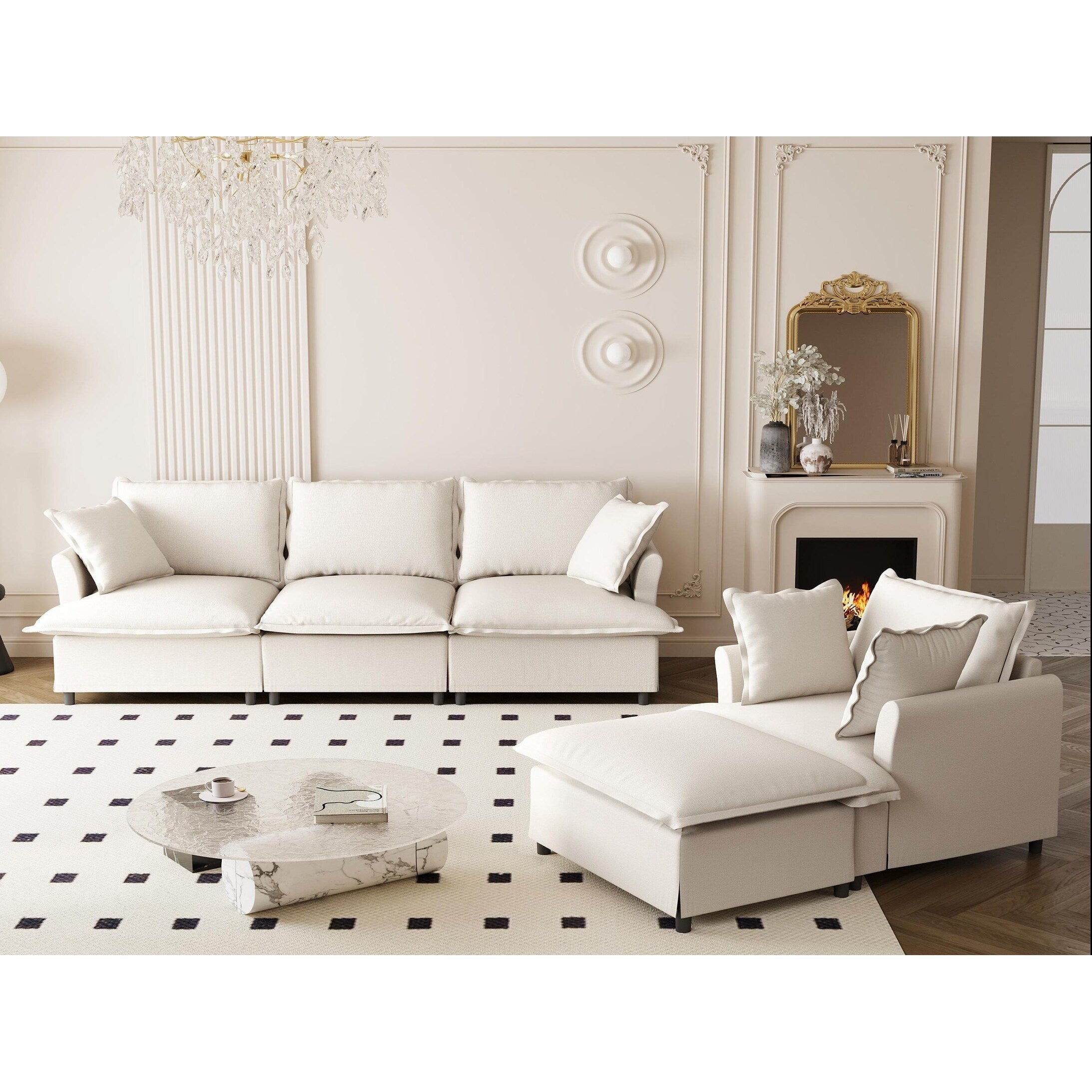 Ensemble de canapés de salon 3 pièces, canapé modulaire en chenille en forme de L, canapé 3 places rembourré, fauteuil et pouf mobile