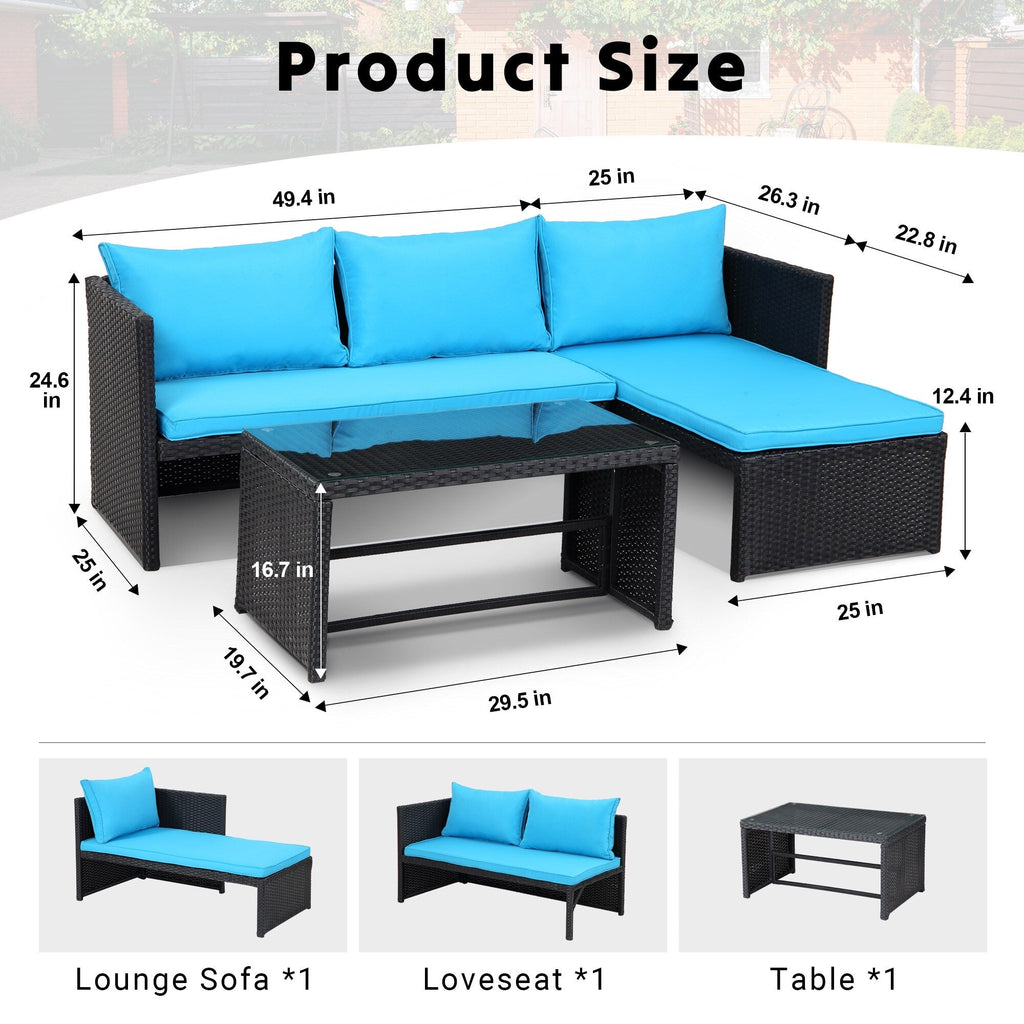 Ensemble de meubles d'extérieur 3 pièces en rotin PE pour patio, causeuse, canapé sectionnel, coussin