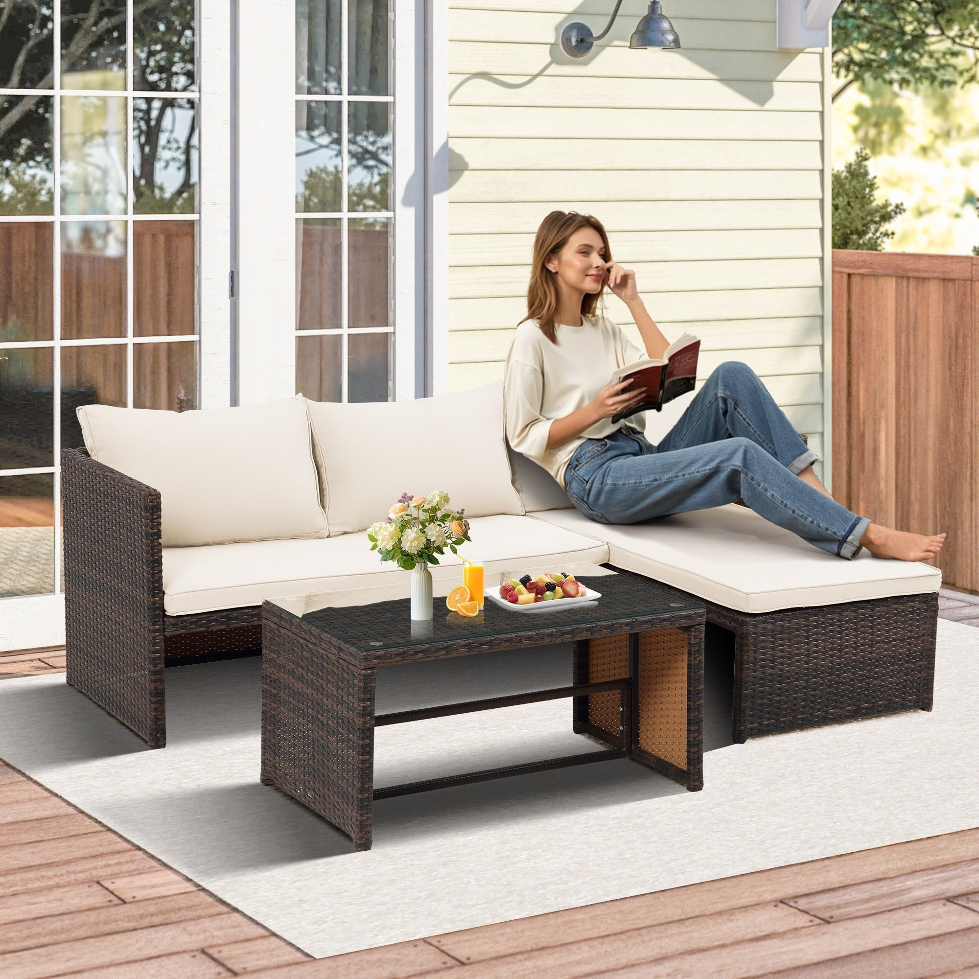 Ensemble de meubles d'extérieur 3 pièces en rotin PE pour patio, causeuse, canapé sectionnel, coussin