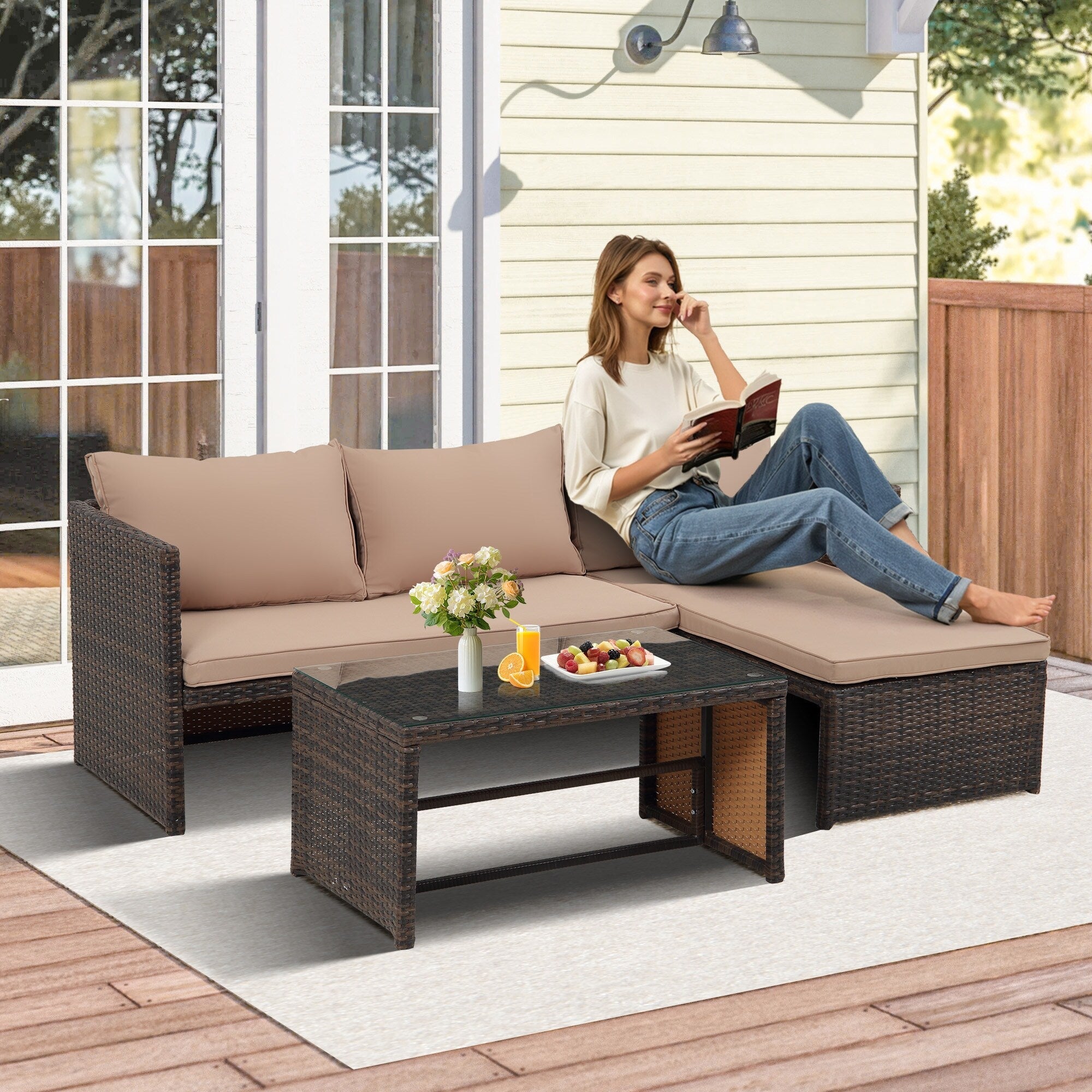 Ensemble de meubles d'extérieur 3 pièces en rotin PE pour patio, causeuse, canapé sectionnel, coussin