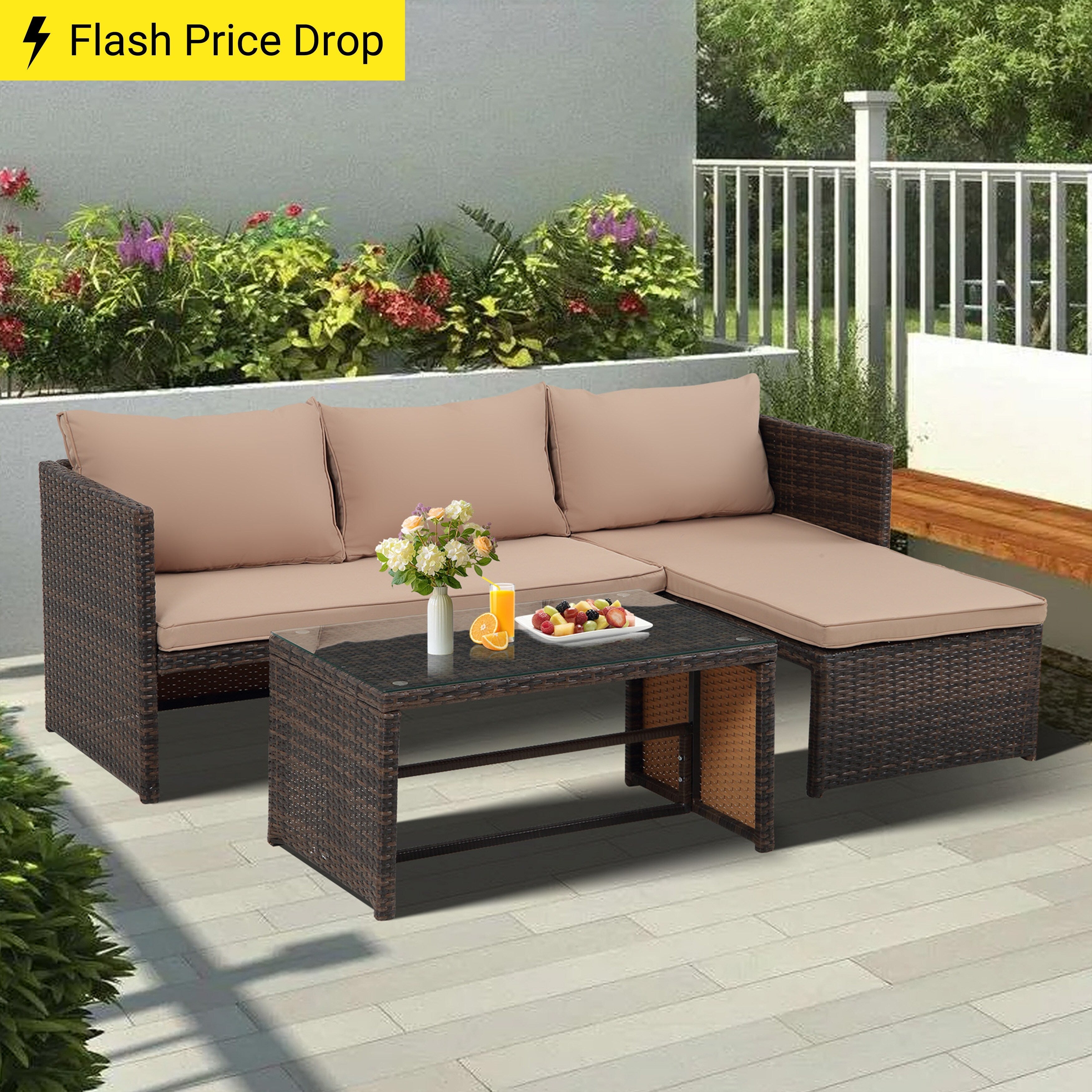 Ensemble de meubles d'extérieur 3 pièces en rotin PE pour patio, causeuse, canapé sectionnel, coussin