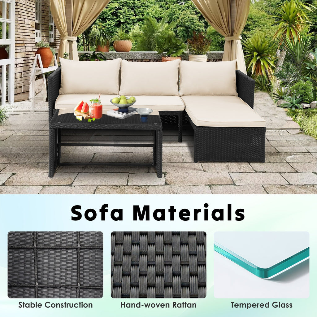 Ensemble de meubles d'extérieur 3 pièces en rotin PE pour patio, causeuse, canapé sectionnel, coussin