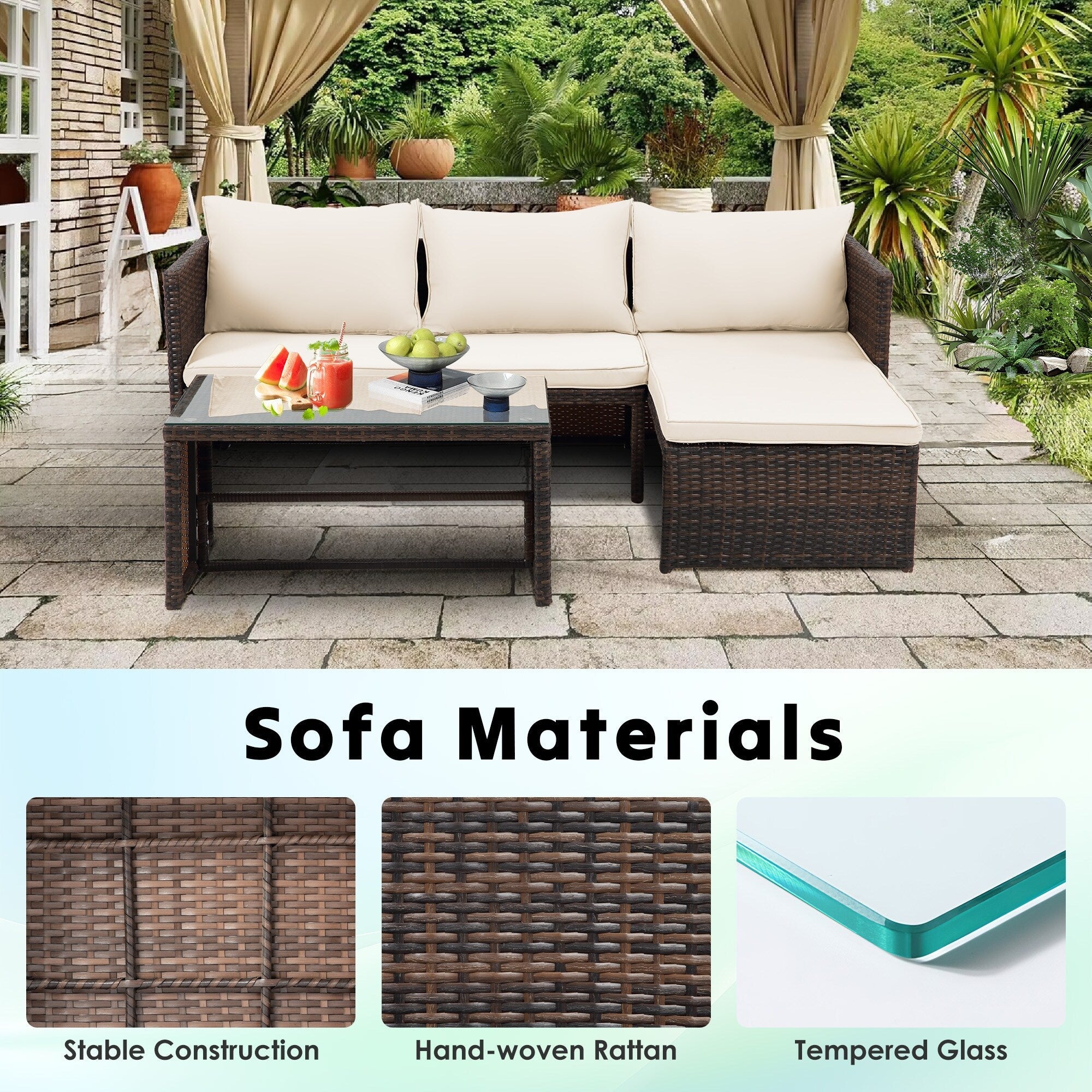 Ensemble de meubles d'extérieur 3 pièces en rotin PE pour patio, causeuse, canapé sectionnel, coussin